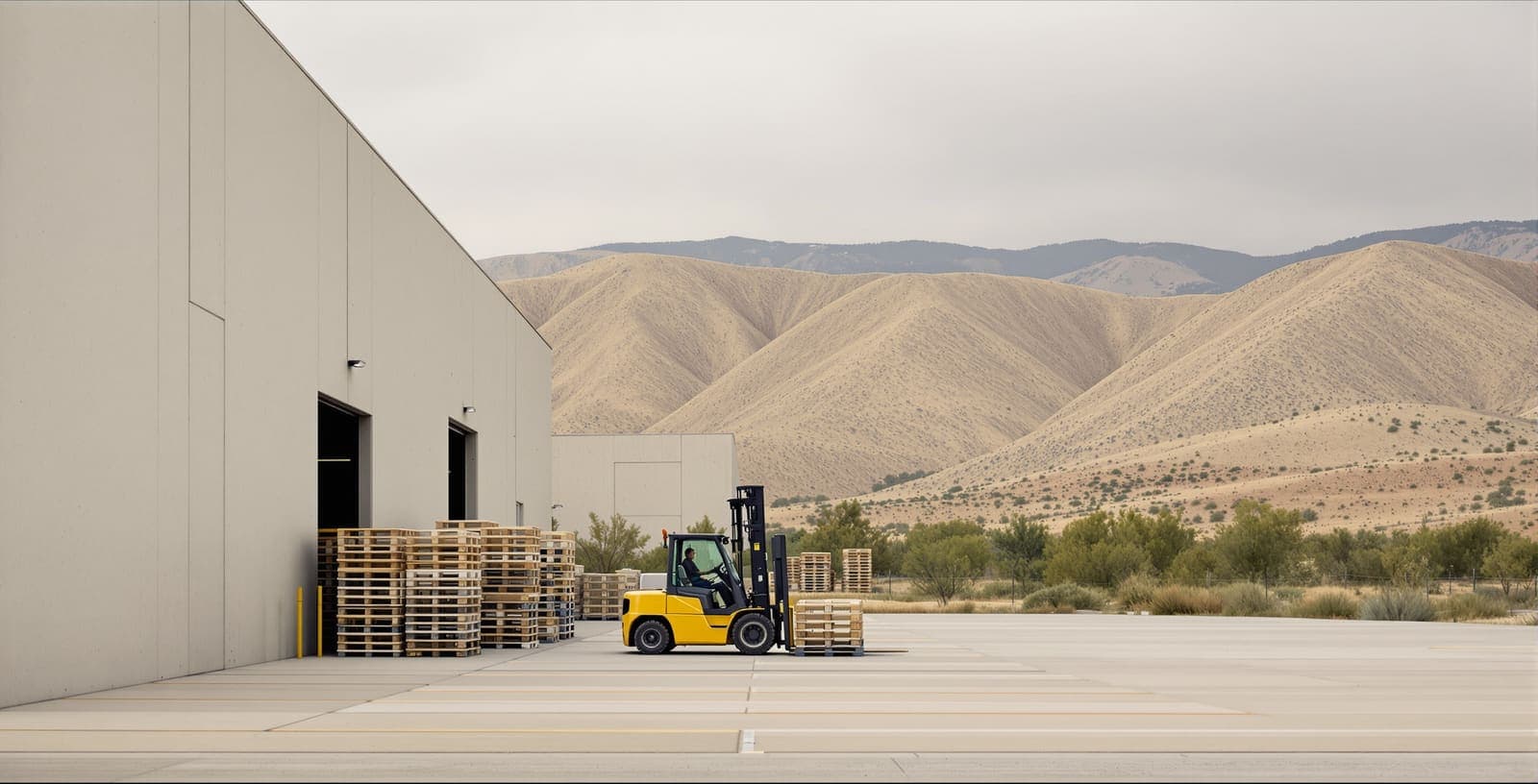 Illustration of a parked forklift beside stacked pallets in a quiet factory yard in the Galilee hills at dawn