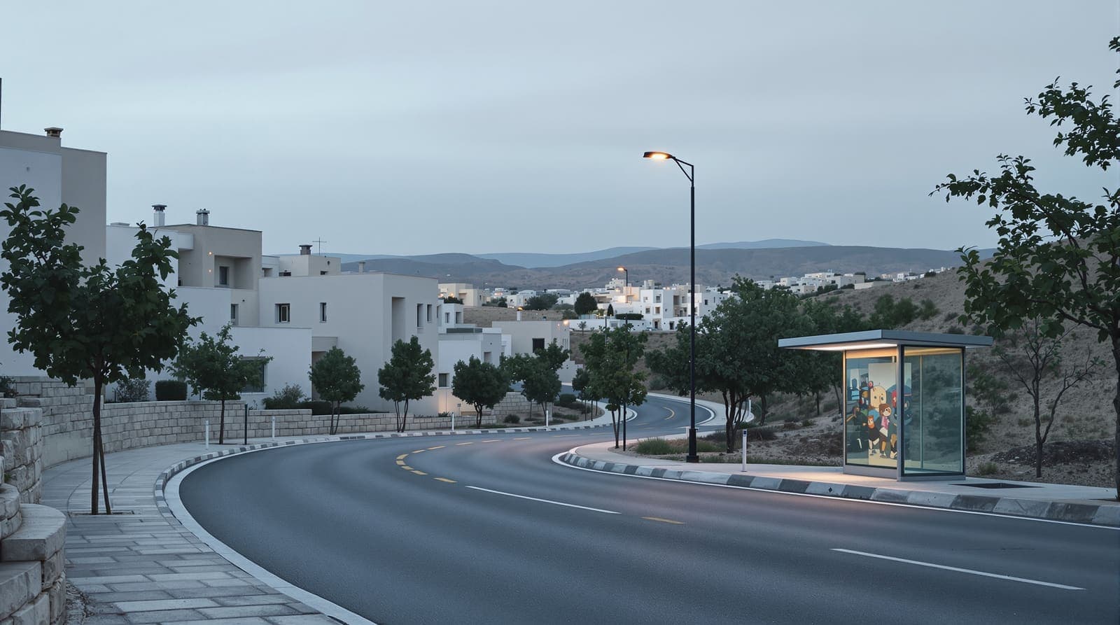 Illustration of a quiet residential street of pale limestone apartment blocks in Modiin Illit at dusk.