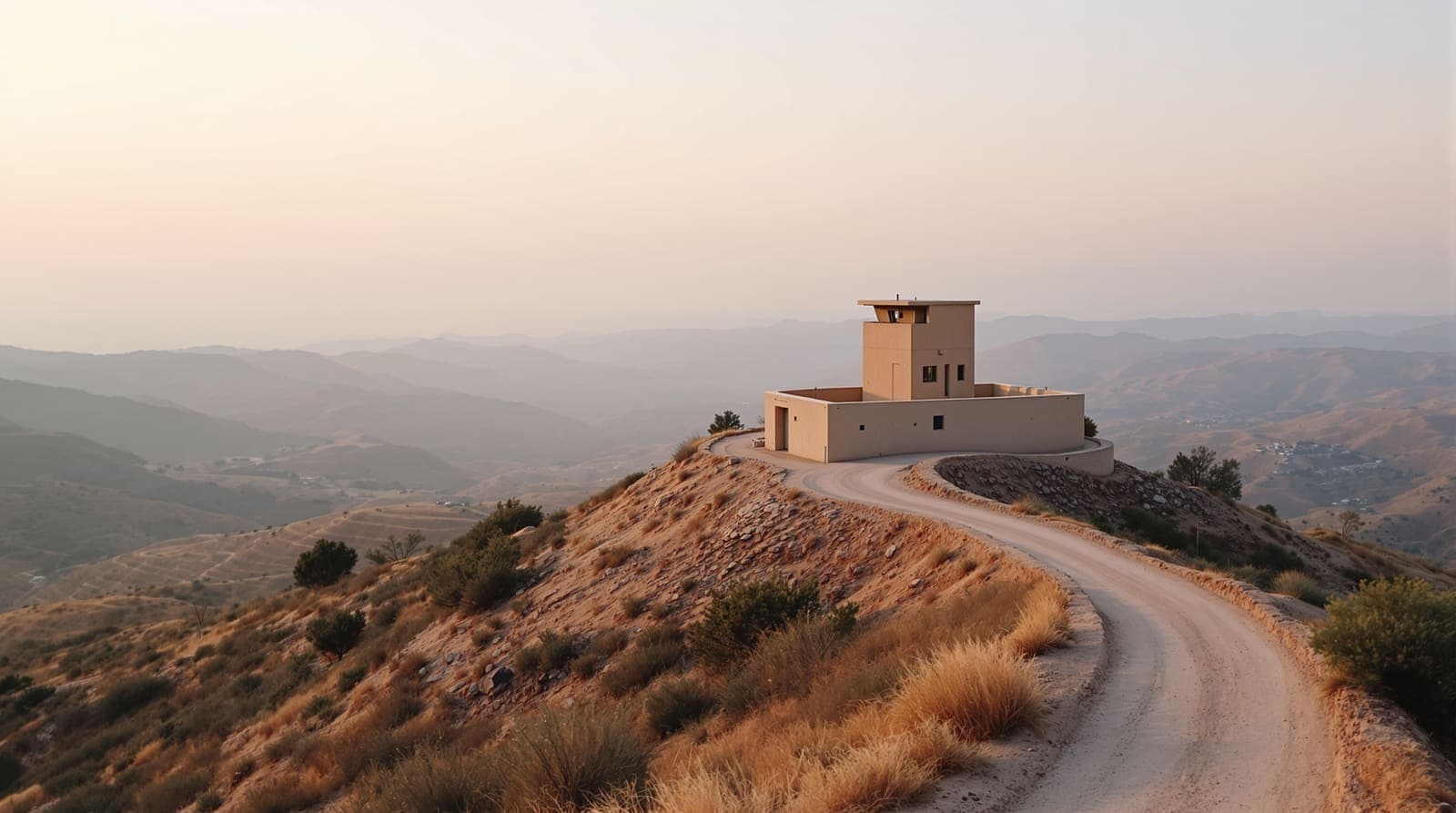 Illustration of a hilltop observation post with concrete walls above terraced Galilee hills at dawn, ridgelines fading into haze.