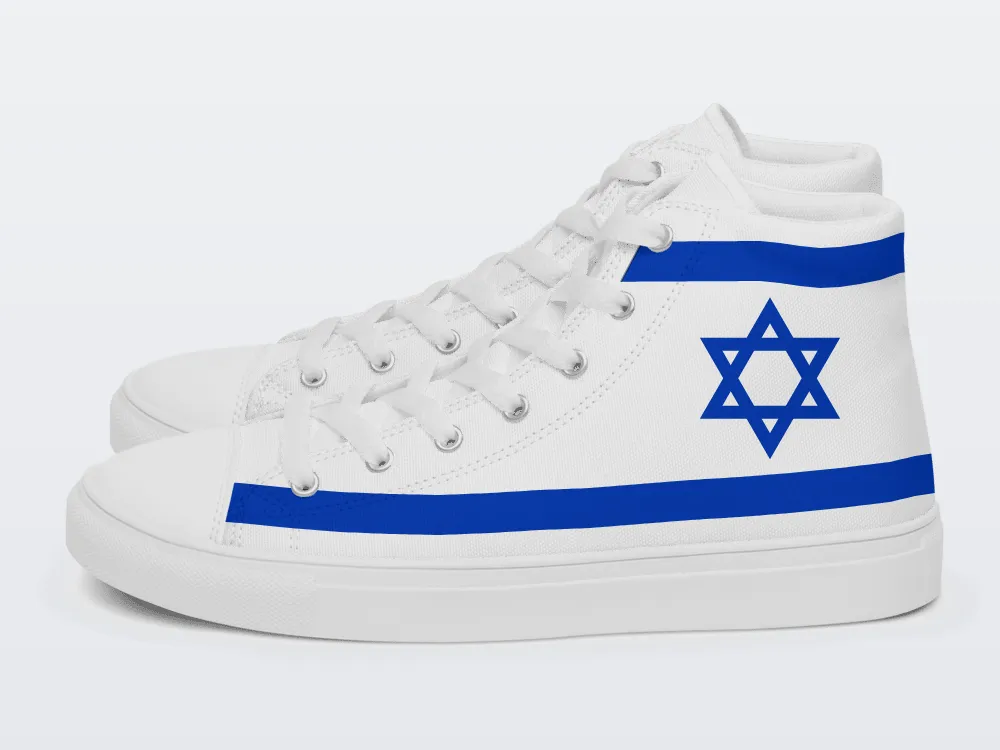 סניקרס גבוהות מקנבס לבן עם פס כחול מתחת לצווארון, פס מעל הסוליה ומגן דוד