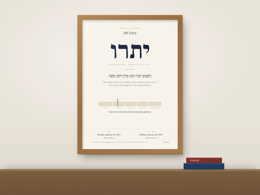 הדפס ממוסגר של שם פרשה באותיות עבריות גדולות