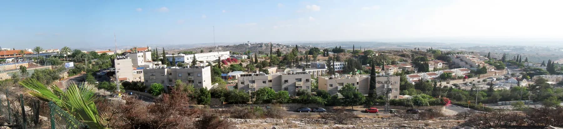 Apartment blocks and red-roofed houses among trees on a hilltop in Alfei Menashe, with open country stretching to a hazy horizon.