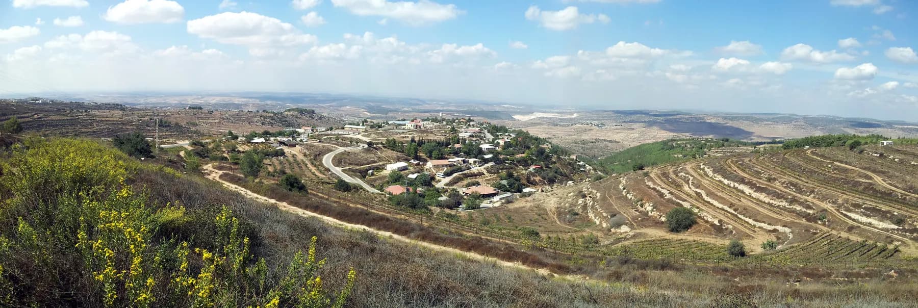 Houses of Bat Ayin spread over a hillside among trees, above terraced slopes and a winding road.