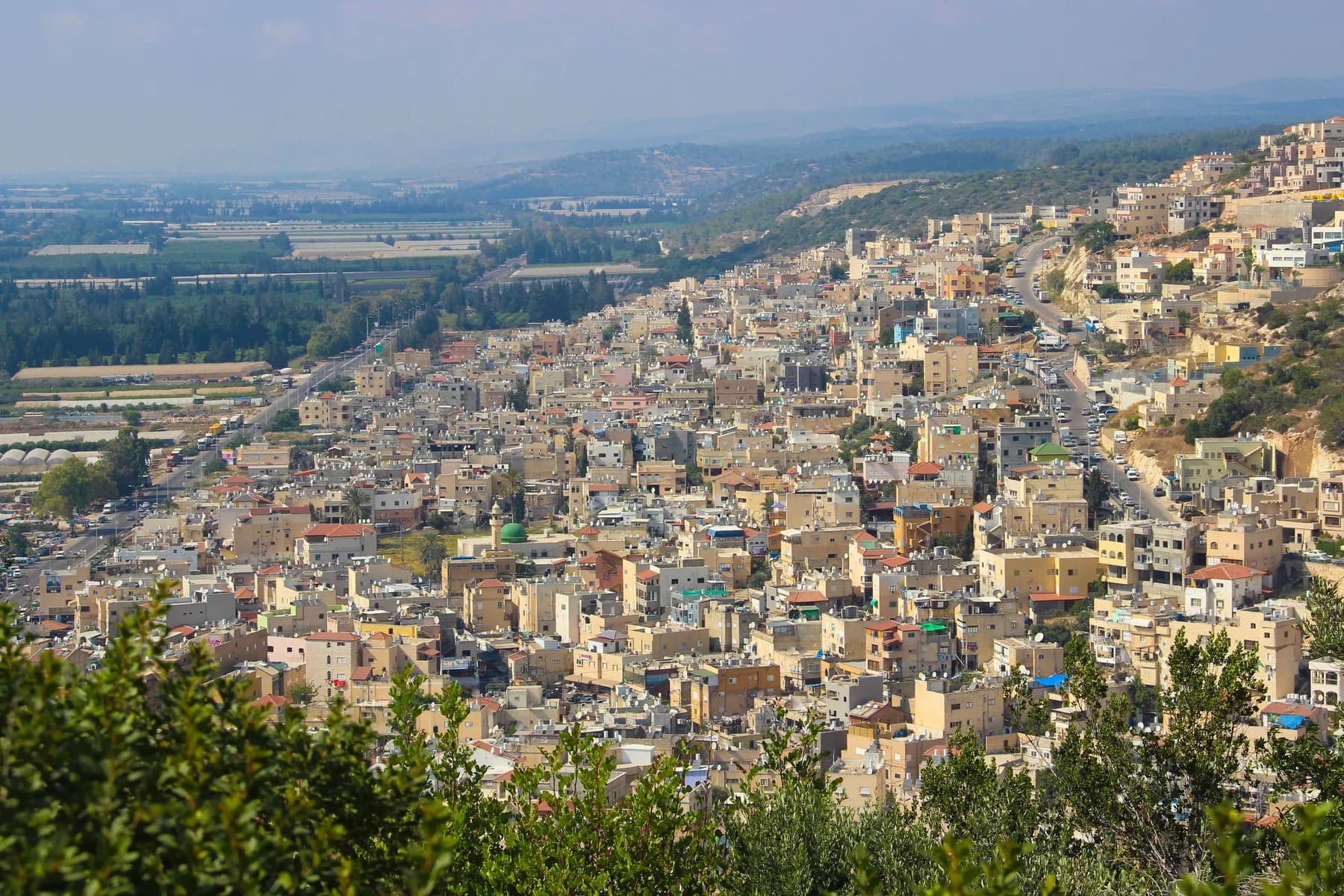Houses of Fureidis packed along a green hillside, with farm fields and greenhouses spreading out below.