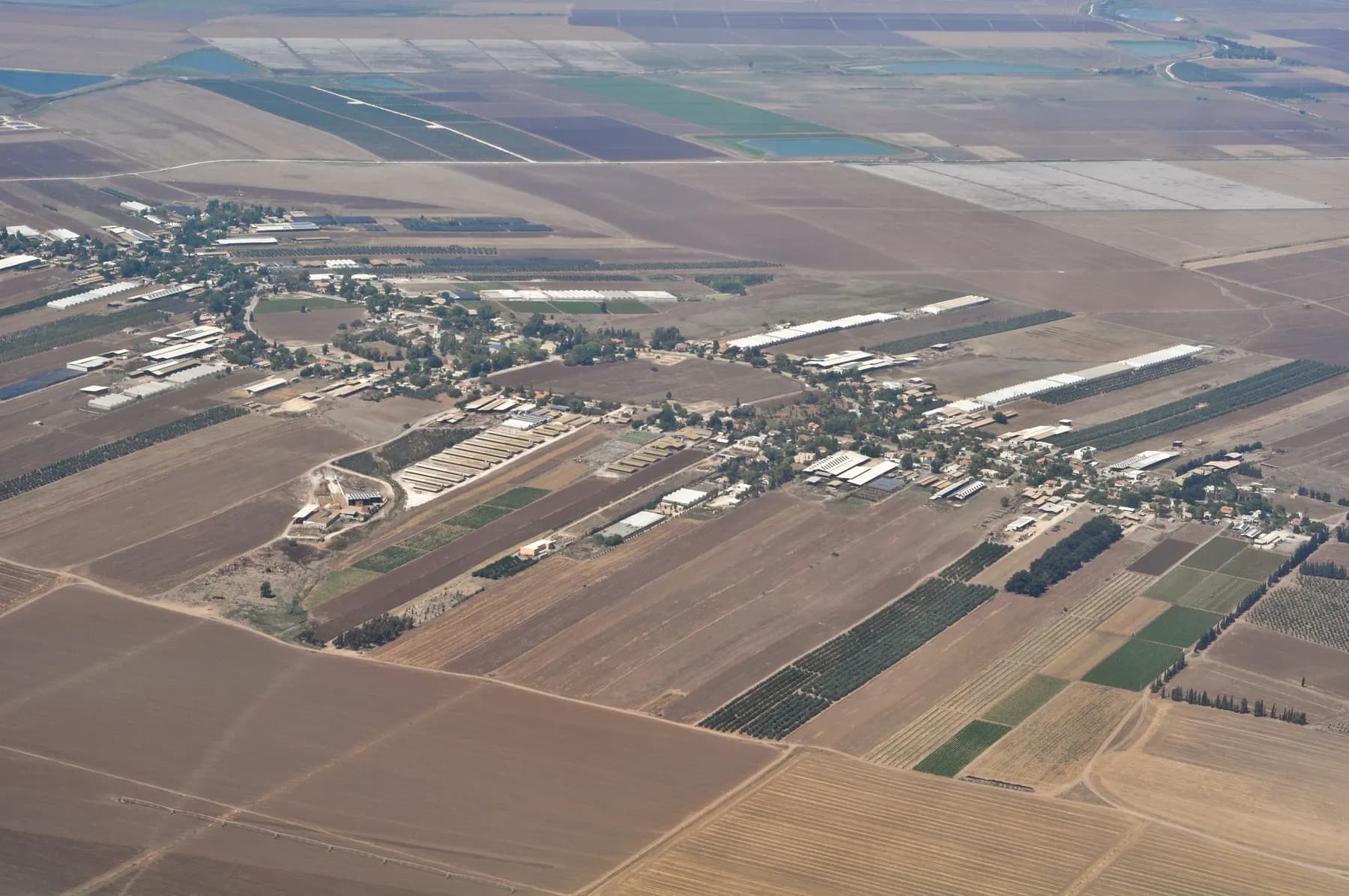 An aerial view of HaYogev, its houses and long farm sheds strung along the village roads and surrounded by wide ploughed fields.