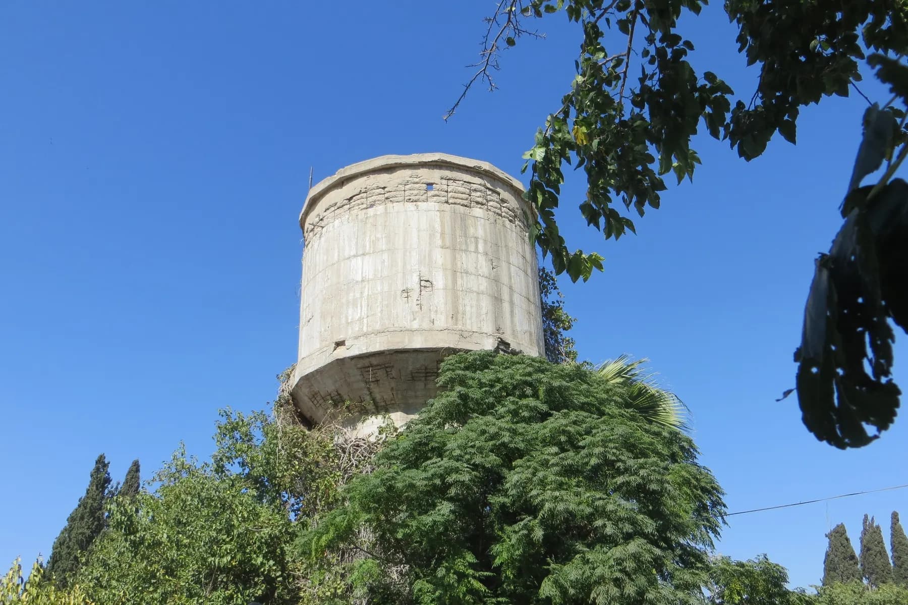 The old concrete water tower of Kfar Baruch rising above leafy trees, with cypresses beside it under a deep blue sky.