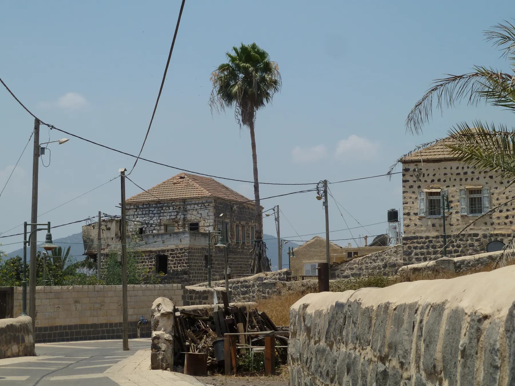 Old basalt stone houses with tiled roofs in Kfar Kama, with a tall palm tree, overhead cables and low plastered walls along the lane.