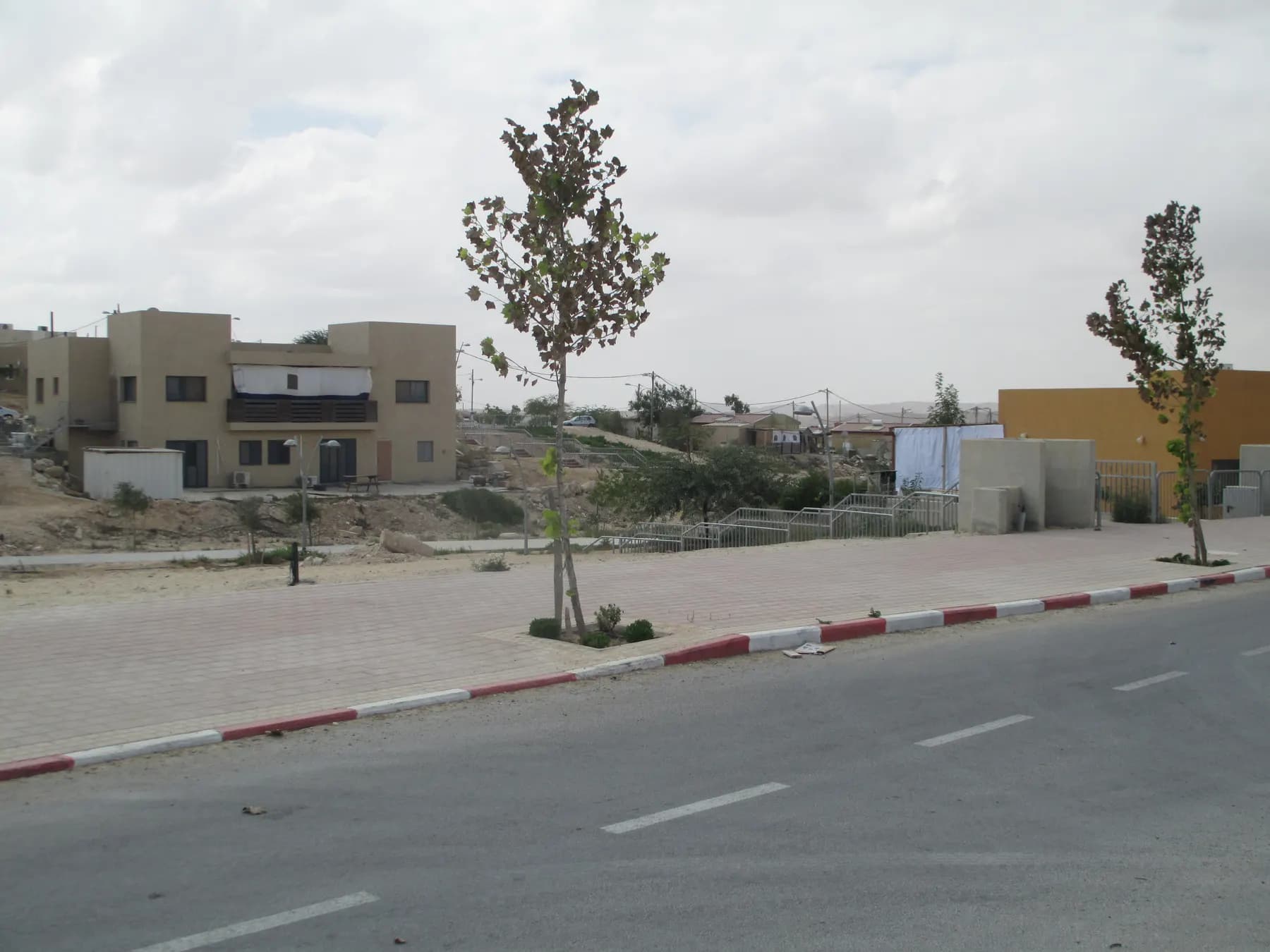 Two-storey houses on a slope above a wide street with young trees in Merhav Am.