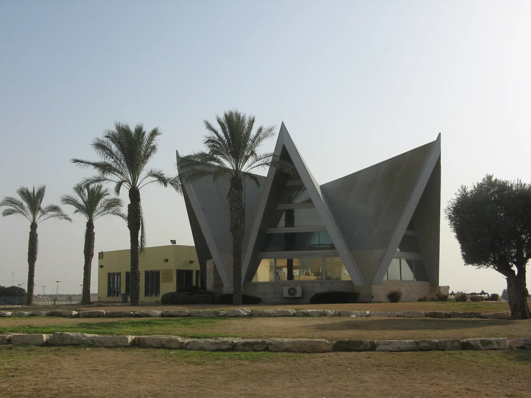 A building with a pointed, folded concrete roof among palm trees in Netivot.