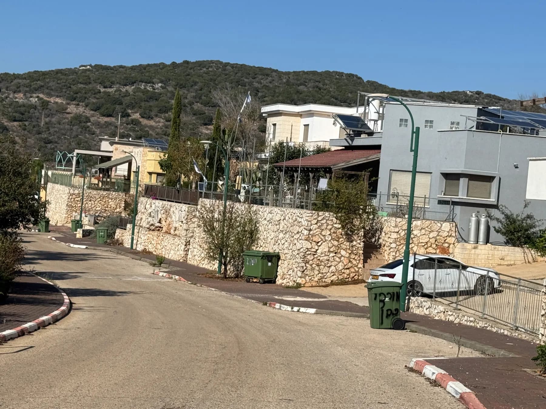 רחוב מתעקל לצד בתים על קירות תמך מאבן בנטועה, עם פחי אשפה, מכונית חונה וגבעה מיוערת ברקע.