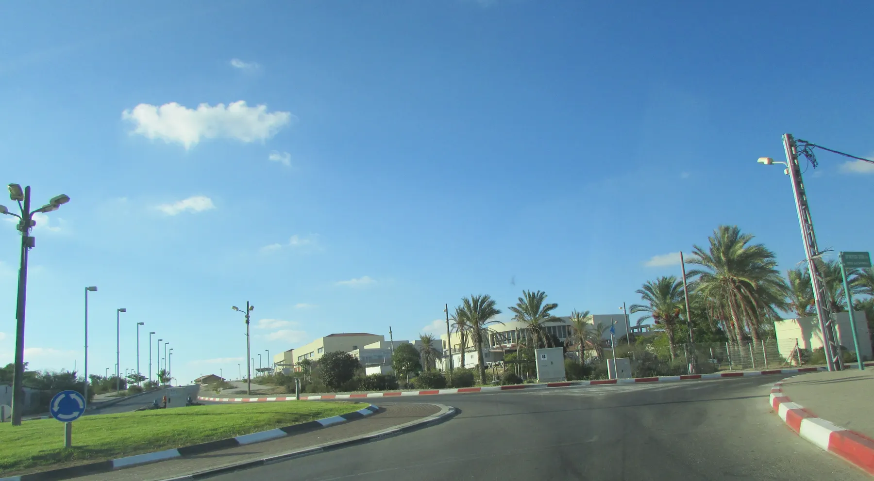 A roundabout in Nitzan with a lawn and street lamps, and low pale buildings behind a row of date palms under a wide blue sky.