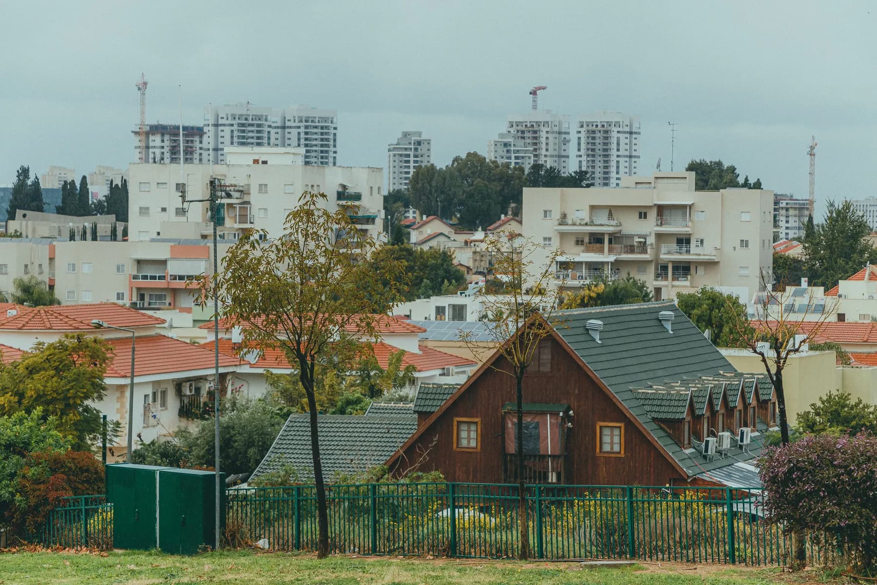 Houses with tiled roofs in a neighbourhood of Rehovot, with apartment blocks and towers behind.