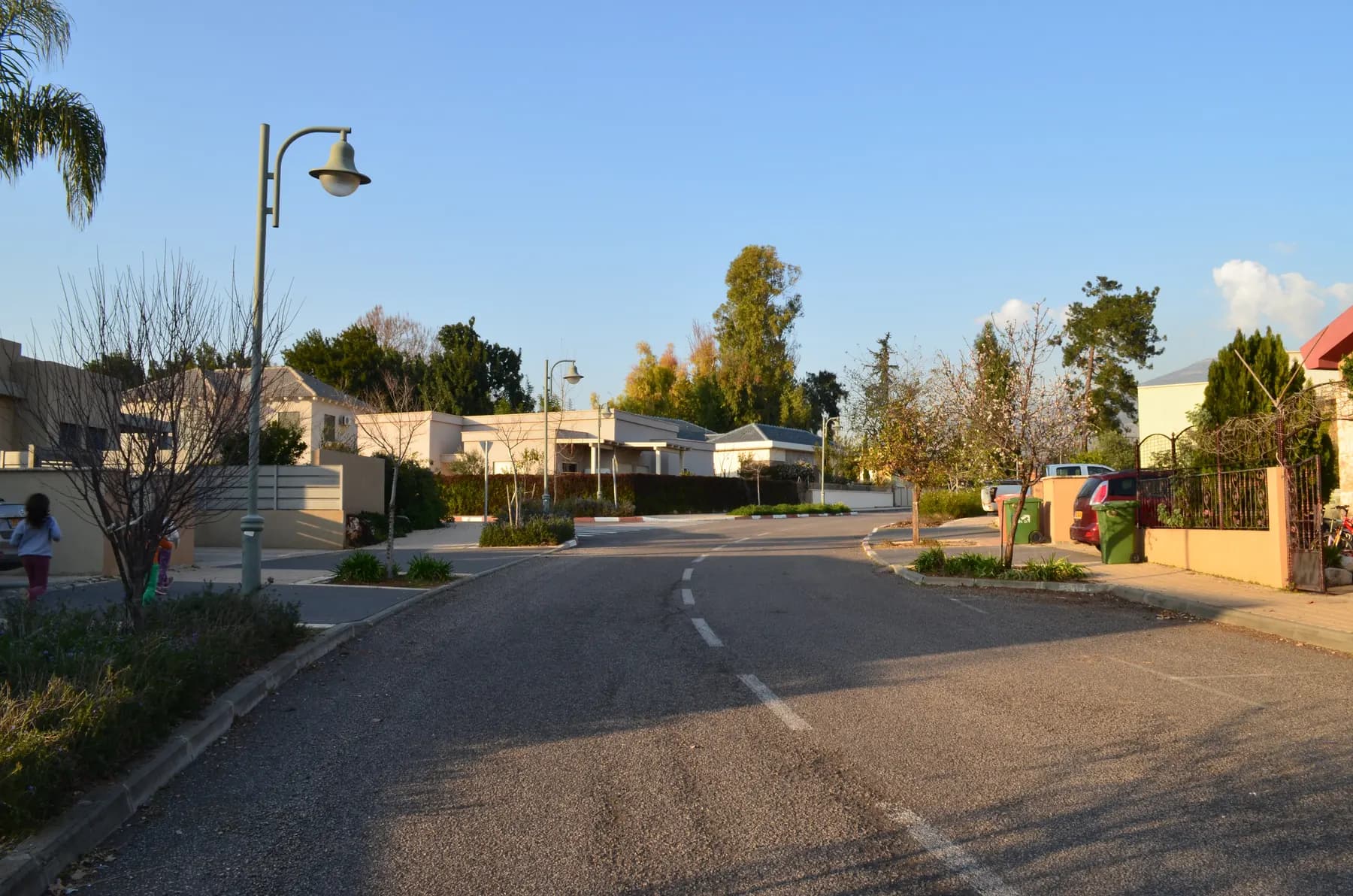 A residential street in She'ar Yashuv, with single-storey houses, garden walls, street lamps and trees in late afternoon light.