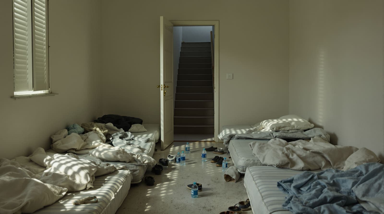 Illustration of a bare apartment floor crowded with mattresses, blankets and scattered shoes, lit through a shuttered window.