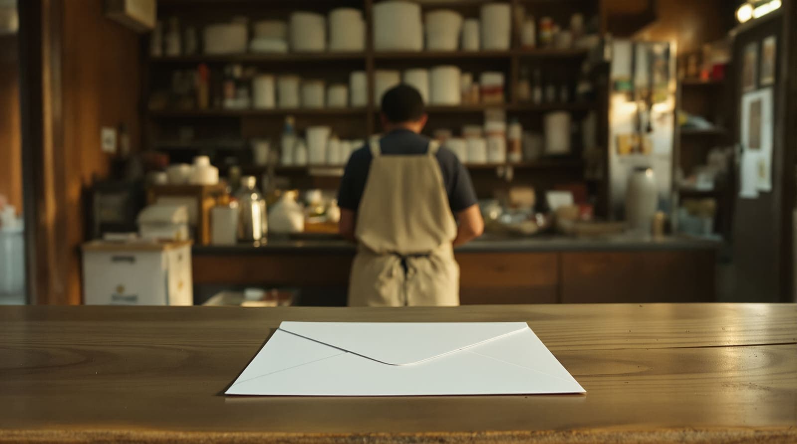 Illustration of a small grocery counter with a plain white envelope, the shopkeeper facing away toward plainly stocked shelves.