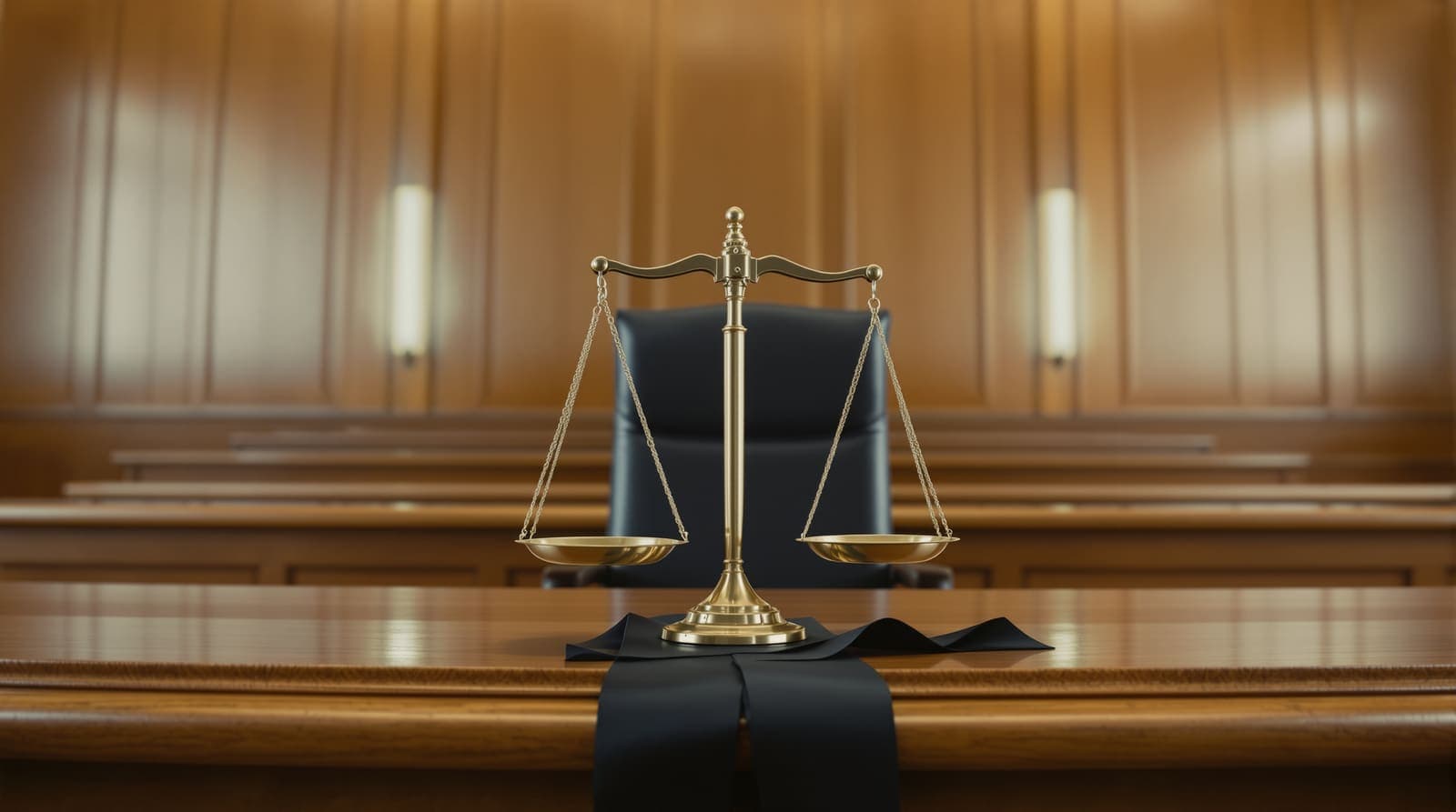 Illustration of brass scales of justice draped with a black mourning ribbon on a courtroom bench before an empty judge's chair.