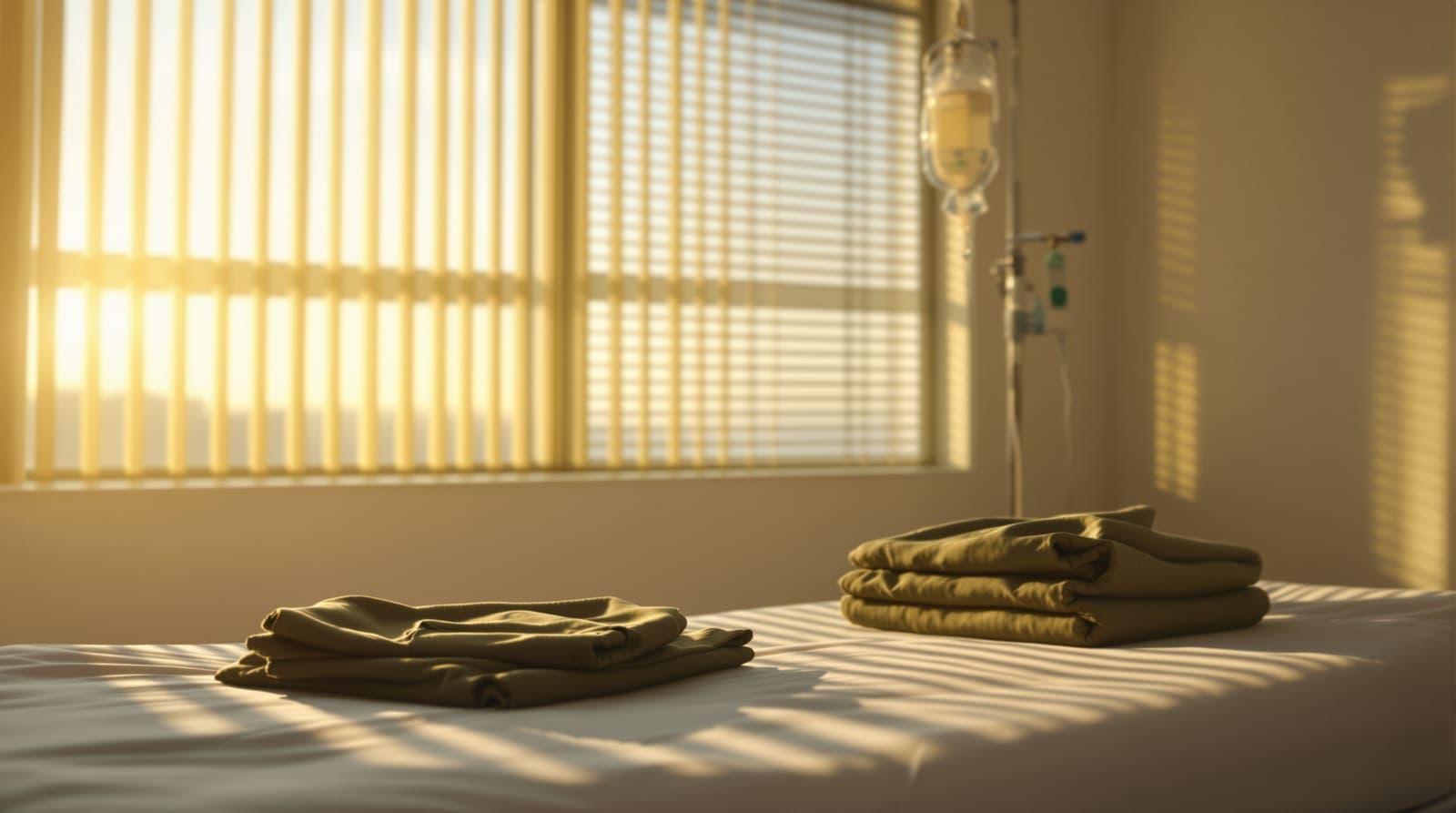 Illustration of a folded army uniform on a chair beside an empty hospital bed in warm light through venetian blinds.