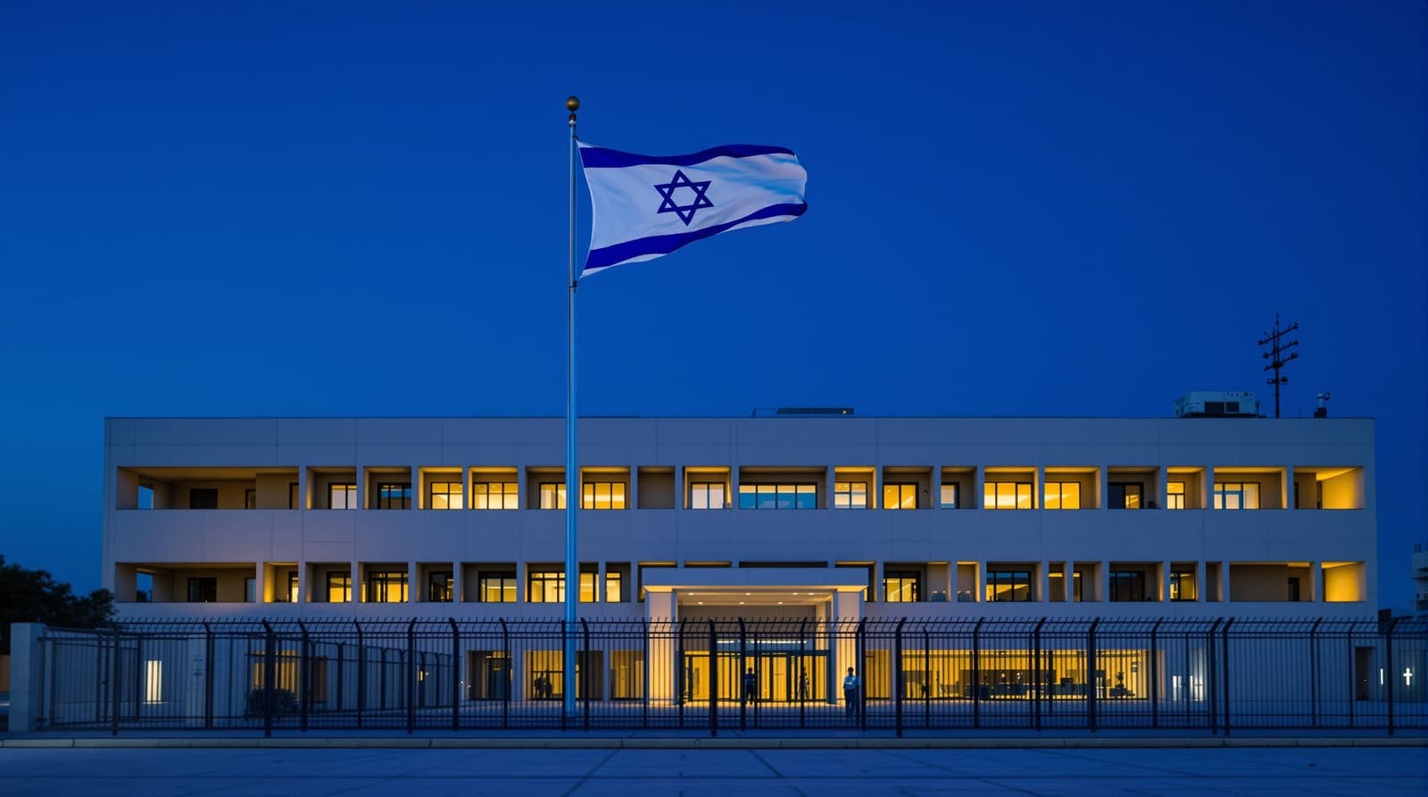 Illustration of the Israeli flag before a fenced ministry building at dusk, representing Gil Reich's appointment to head the Defence Ministry's security directorate.