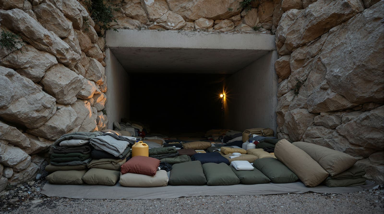 Illustration of a tunnel entrance in a rocky hillside with clothing, bedding and supply packs laid out on a tarpaulin beside it.