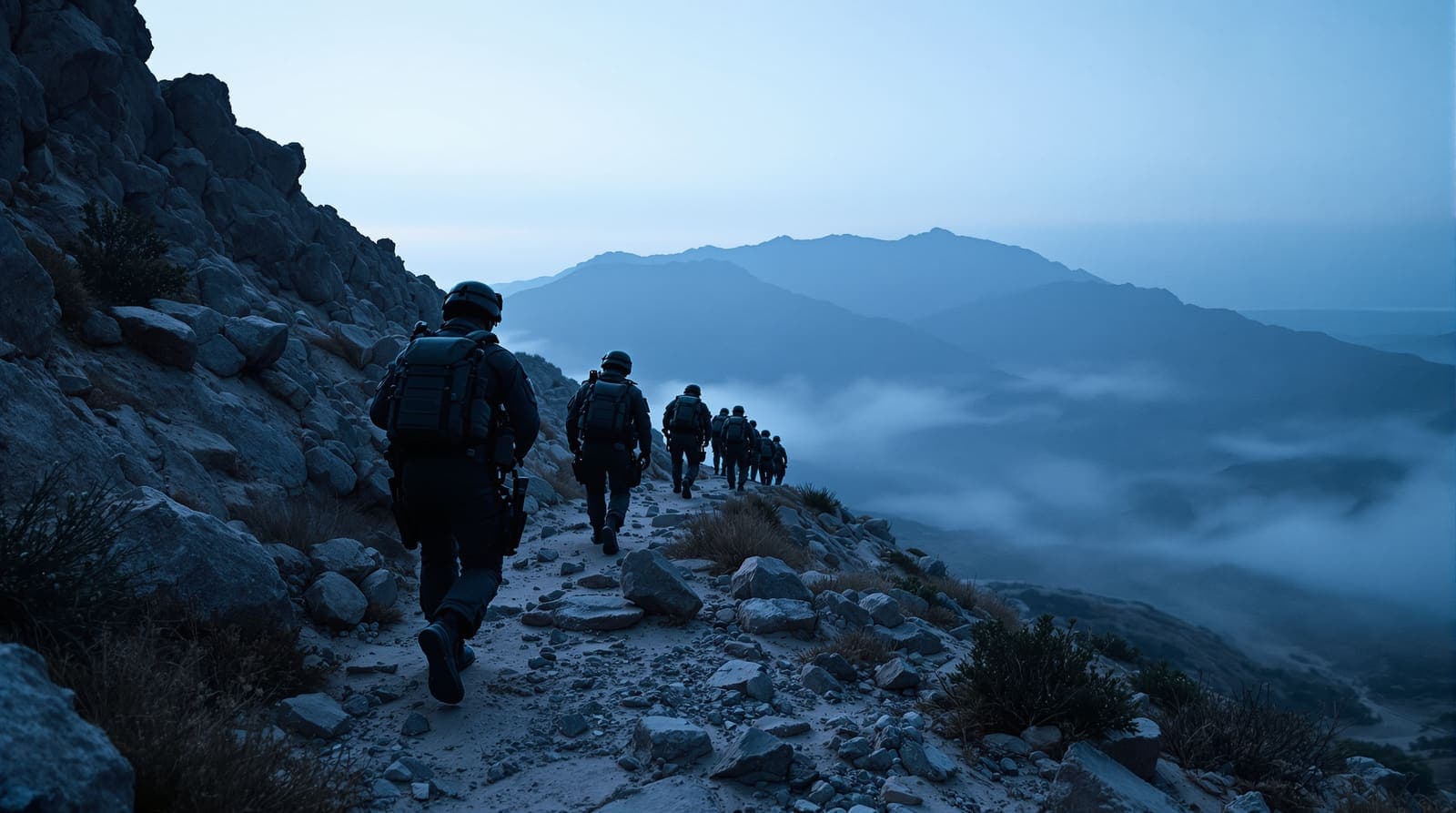 Illustration of silhouetted commandos descending a rocky ridge near a border fence at first light.