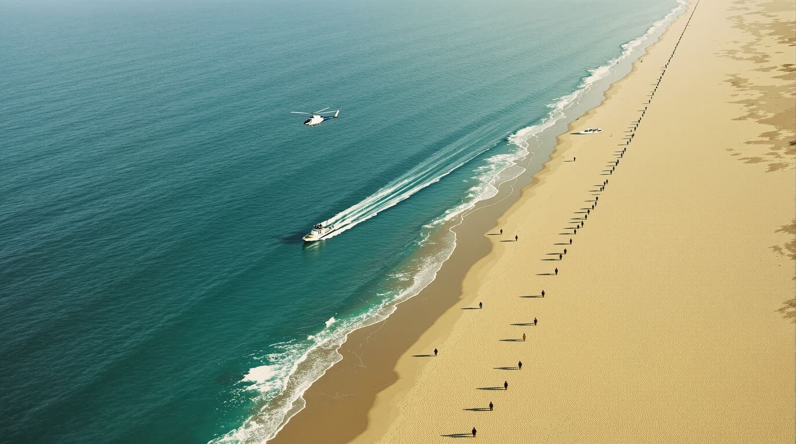 Illustration of a beach search with a low-flying helicopter, a patrol boat offshore and a distant line of searchers walking the sand at Ashkelon.