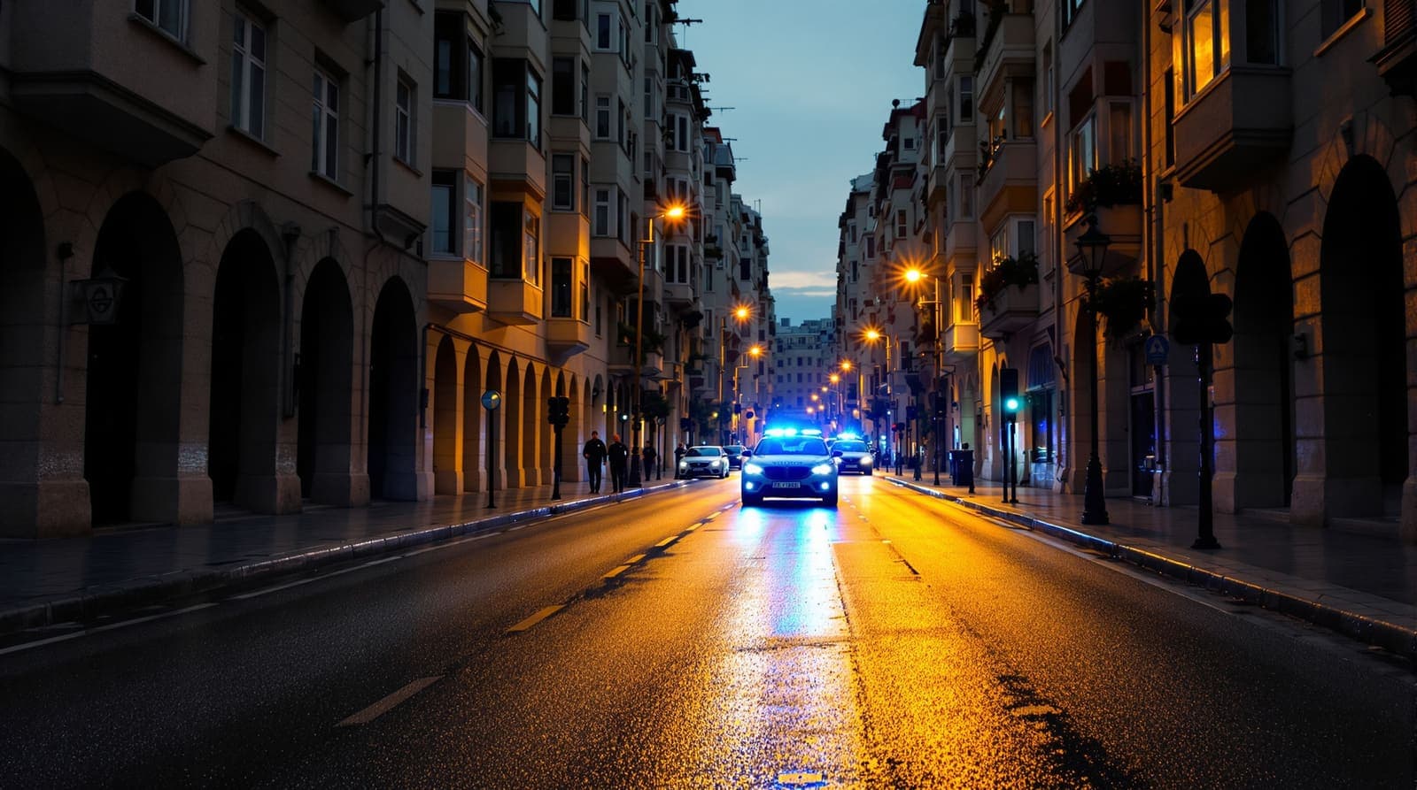 Illustration of blue emergency light washing over a narrow Bnei Brak street at dusk, a police car and officers small in the distance.