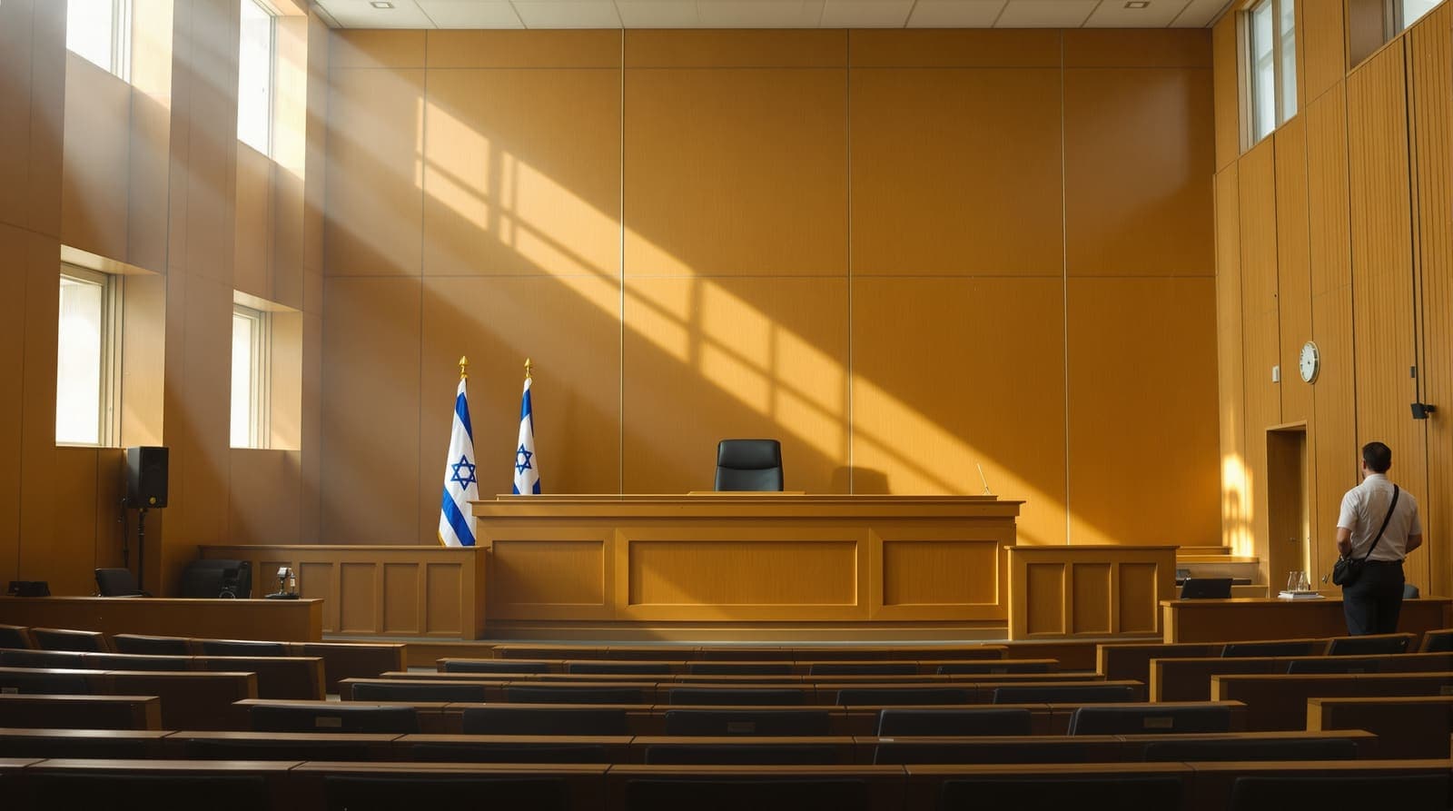 Illustration of an empty Israeli courtroom seen from the public gallery, with an Israeli flag beside the judge's bench.