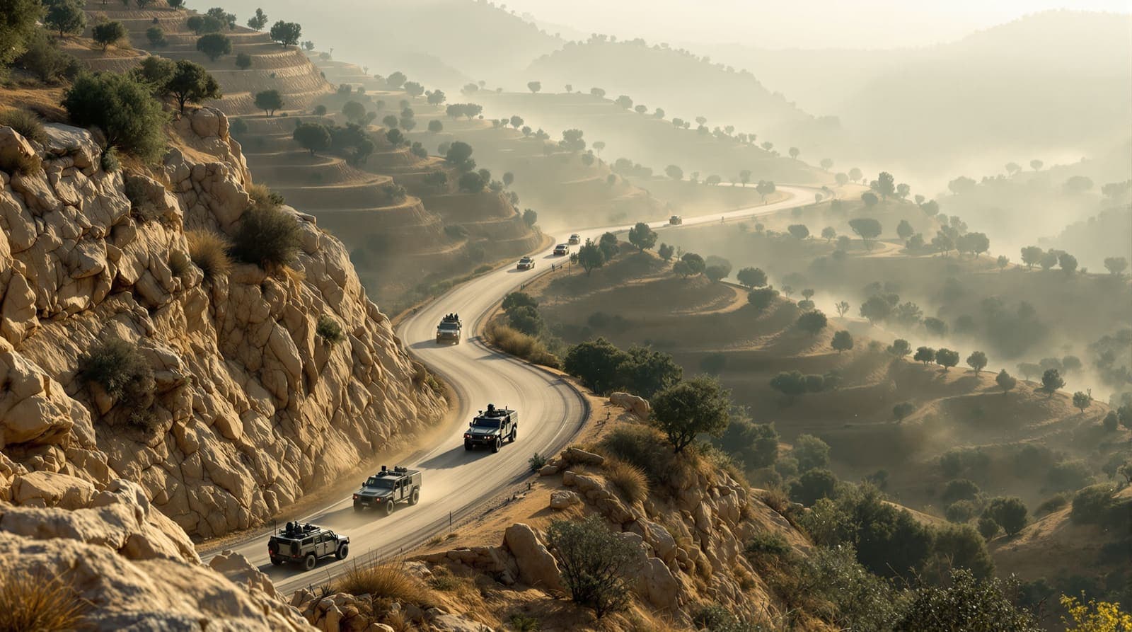 Illustration of a distant convoy of armoured jeeps trailing dust along a terraced West Bank hillside road at dawn.