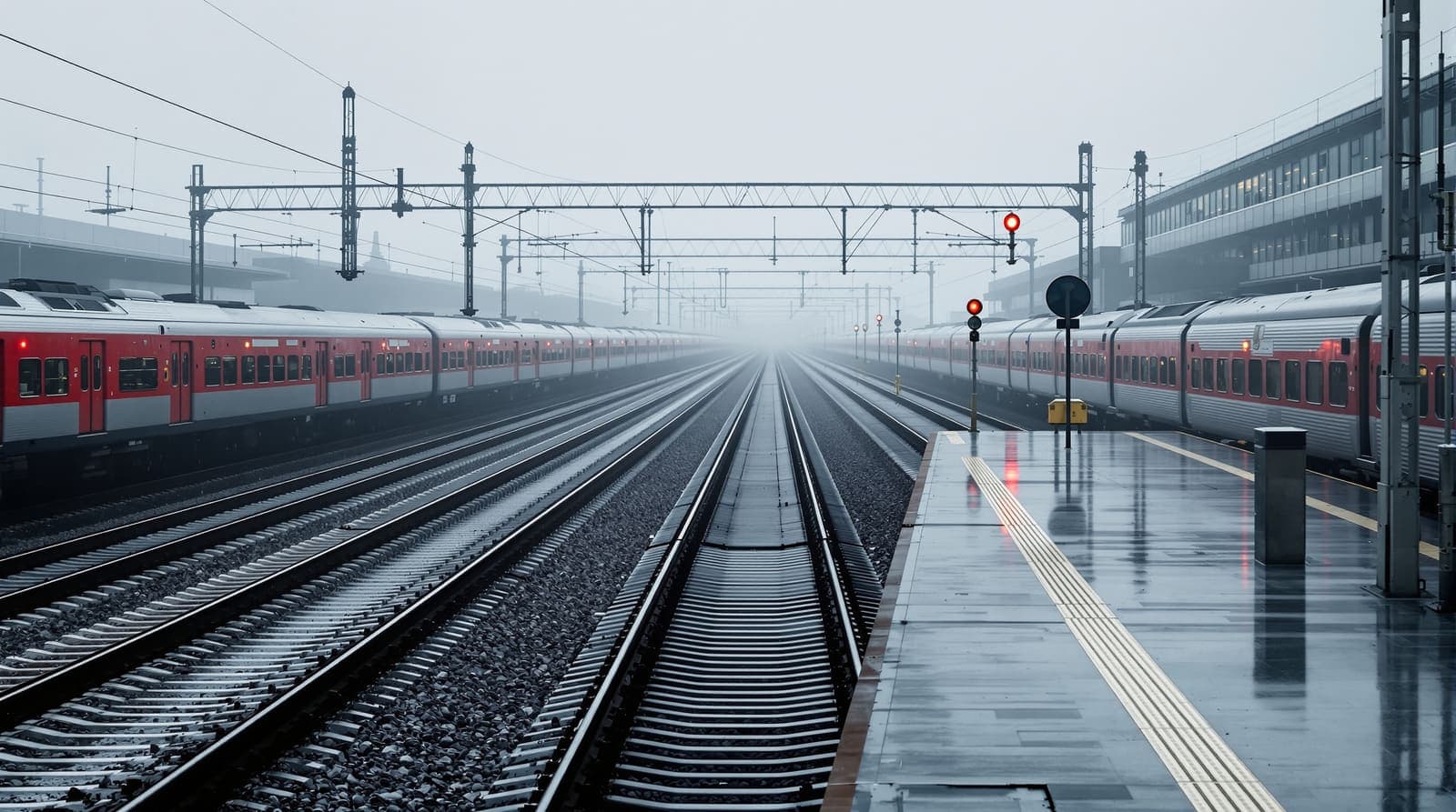Illustration of rows of parked passenger trains receding down misty rails in a railway yard, representing Israel Railways' pullback to emergency hubs as the war with Iran begins.