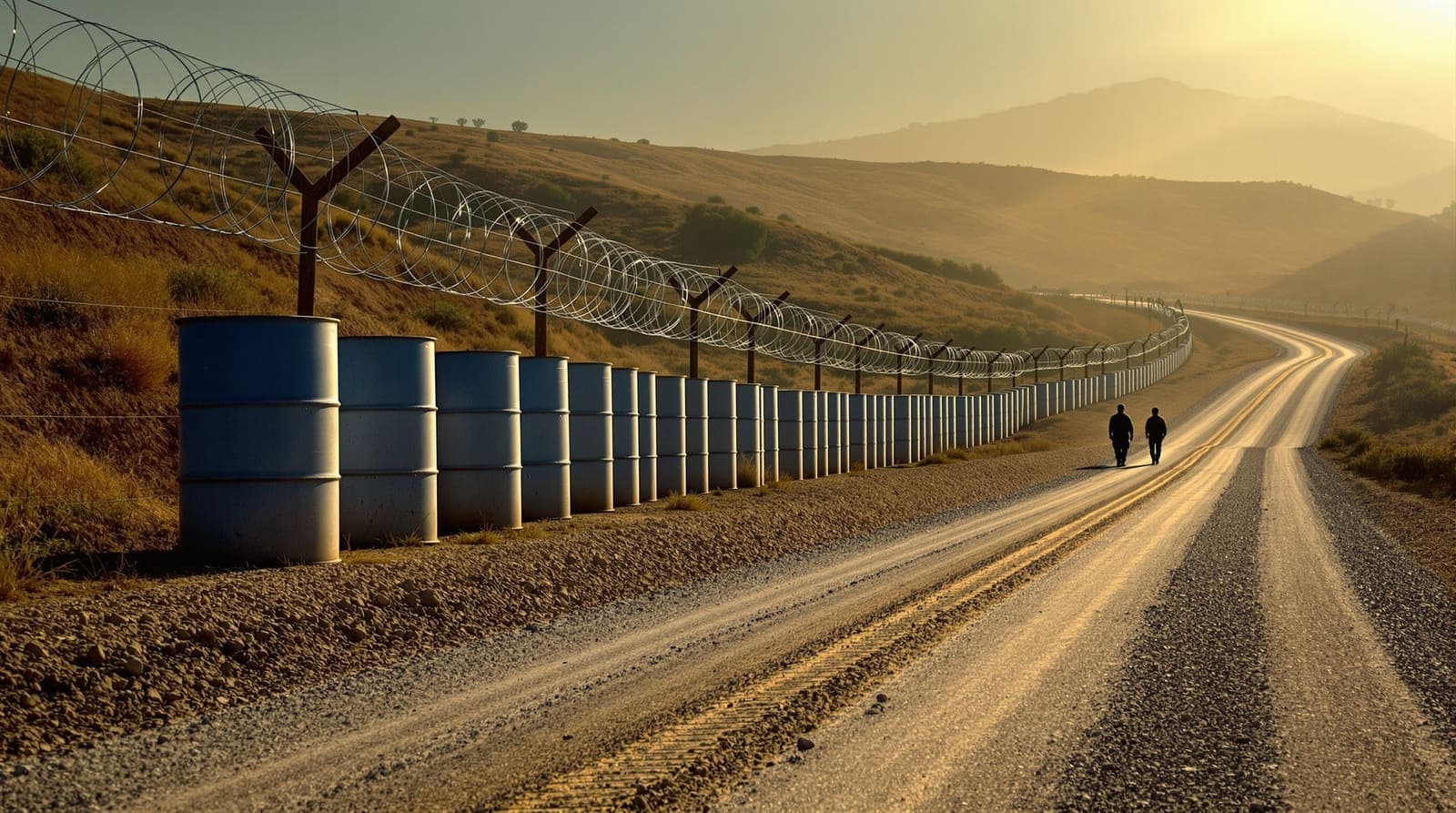 Illustration of blue boundary barrels and razor wire along a border fence at sunrise, with tire tracks on the patrol road and two distant soldiers.