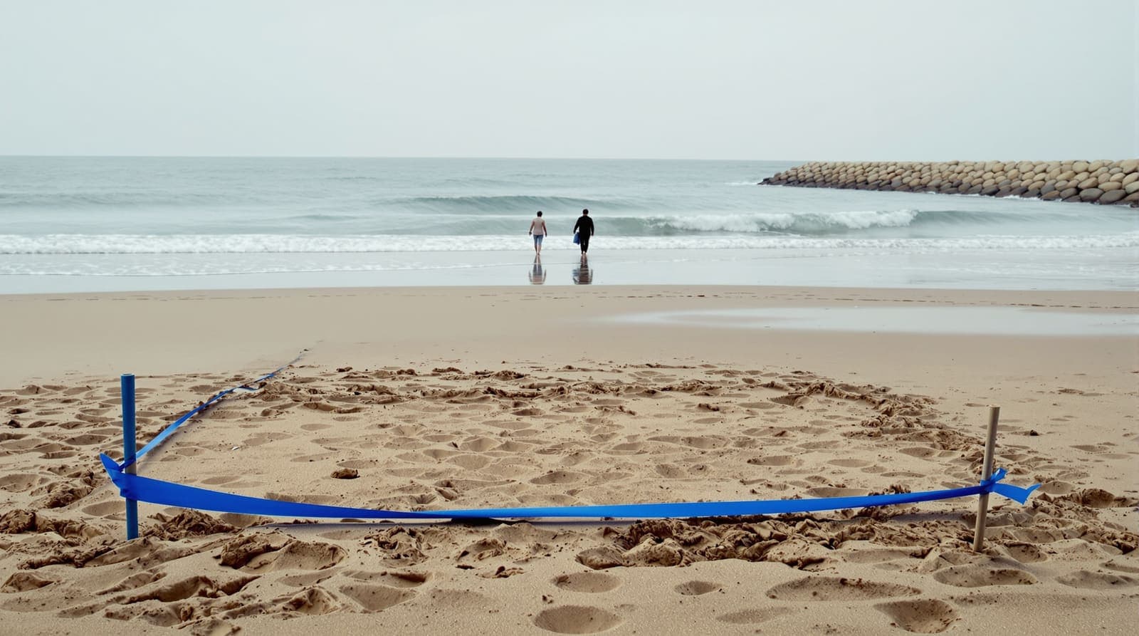 Illustration of blue barrier tape cordoning a patch of sand on an overcast Ashkelon beach, with two distant figures walking near the surf.