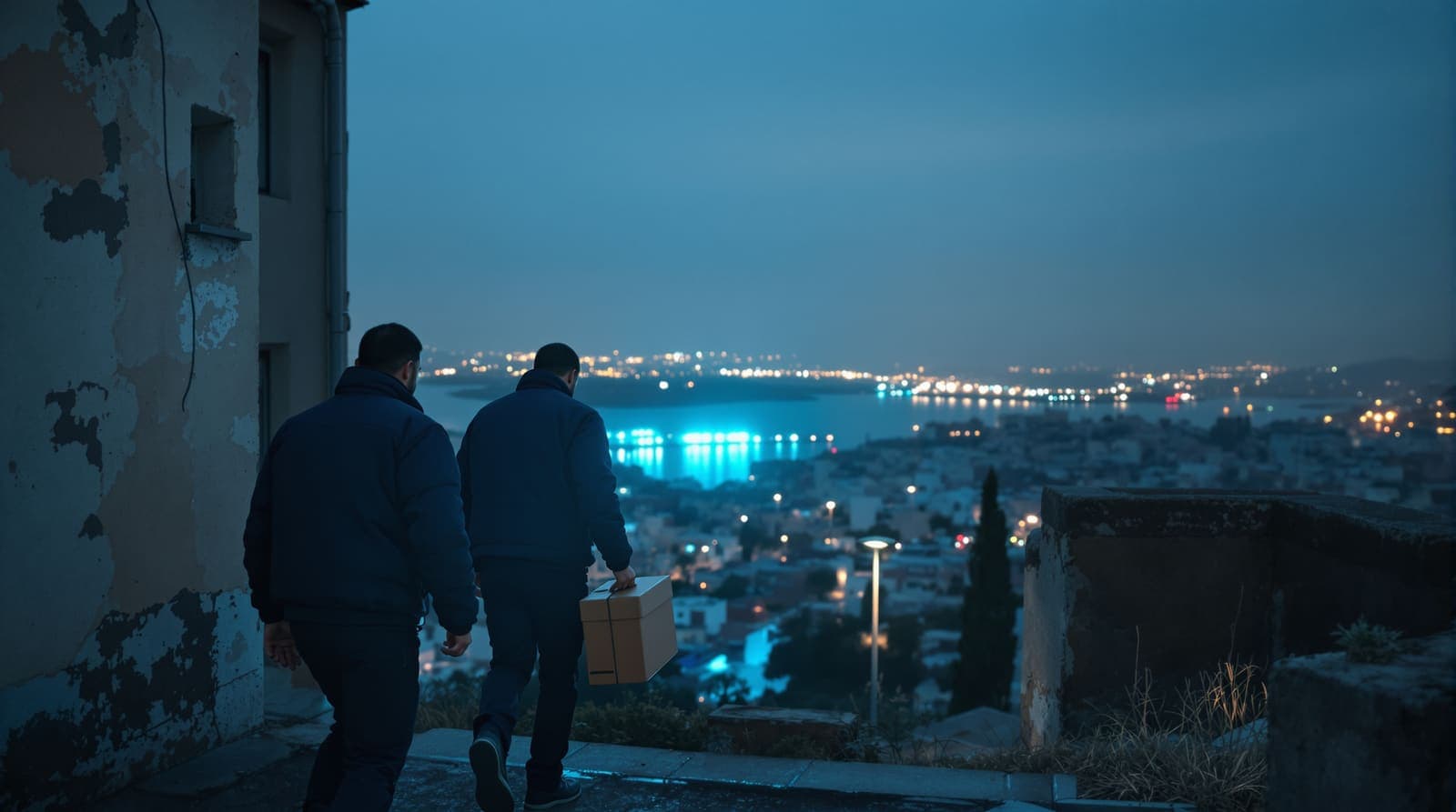 Illustration of detectives carrying evidence boxes from a Haifa hillside apartment block at dusk, with the harbour hazy far below.