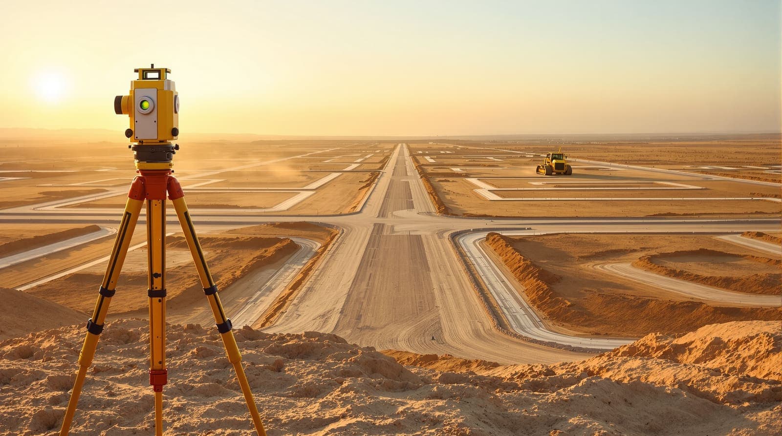 Illustration of a surveyor's tripod overlooking graded roads and building foundations on a Negev desert plain.