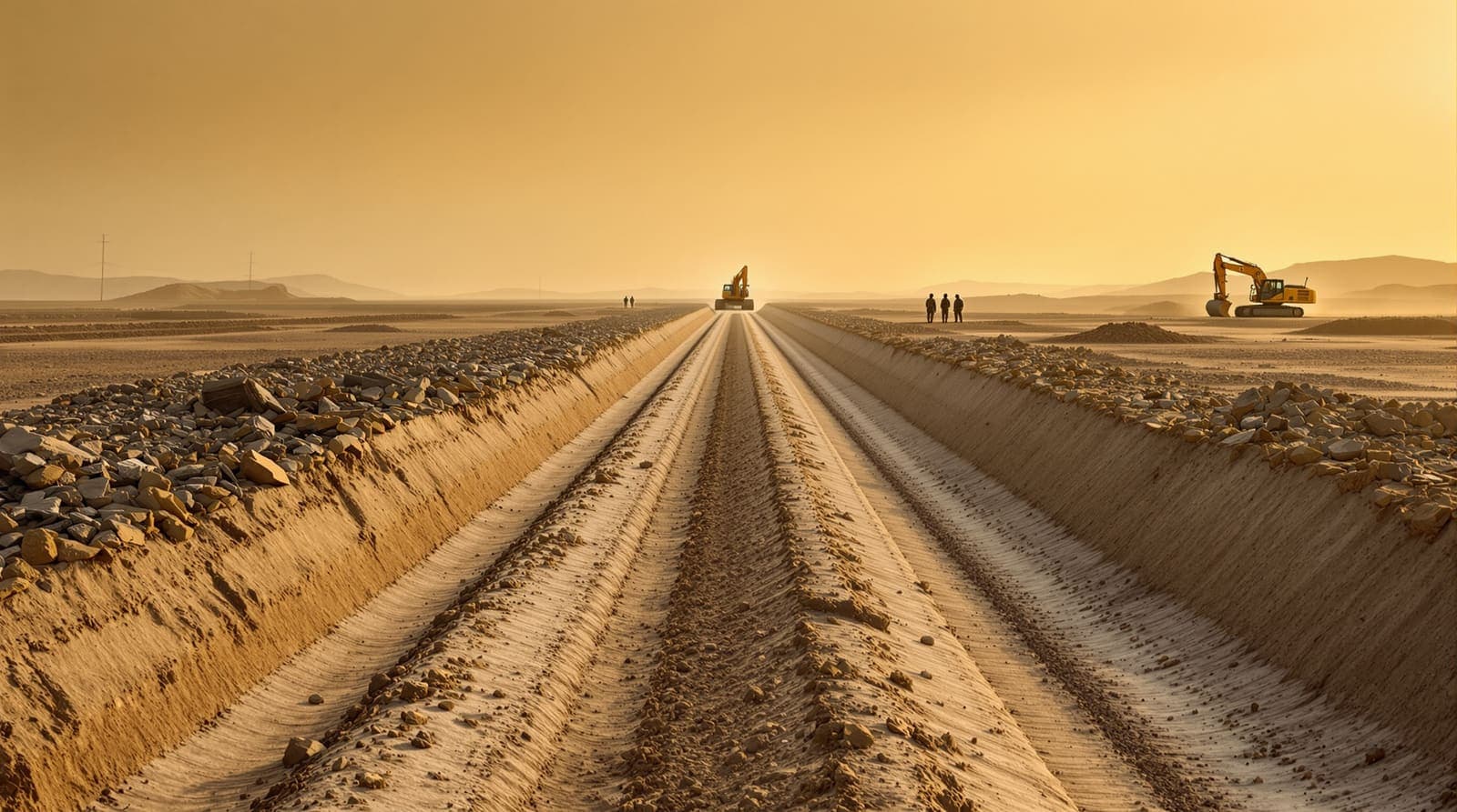 Illustration of fresh excavation trenches, spoil heaps and track marks in sandy rubble-strewn terrain at dawn, a distant silhouetted excavator beyond, representing the search for the remains of hostage Ran Gvili.