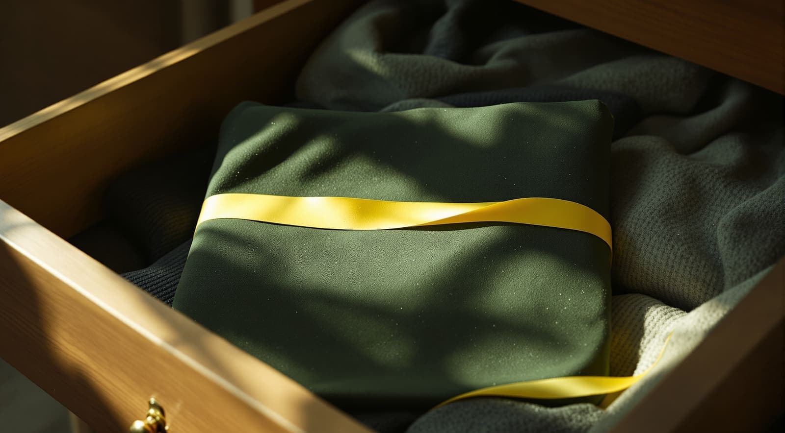 Illustration of a folded dark-green uniform with a lemon-yellow ribbon tucked beneath civilian clothes in a partly open wooden drawer.