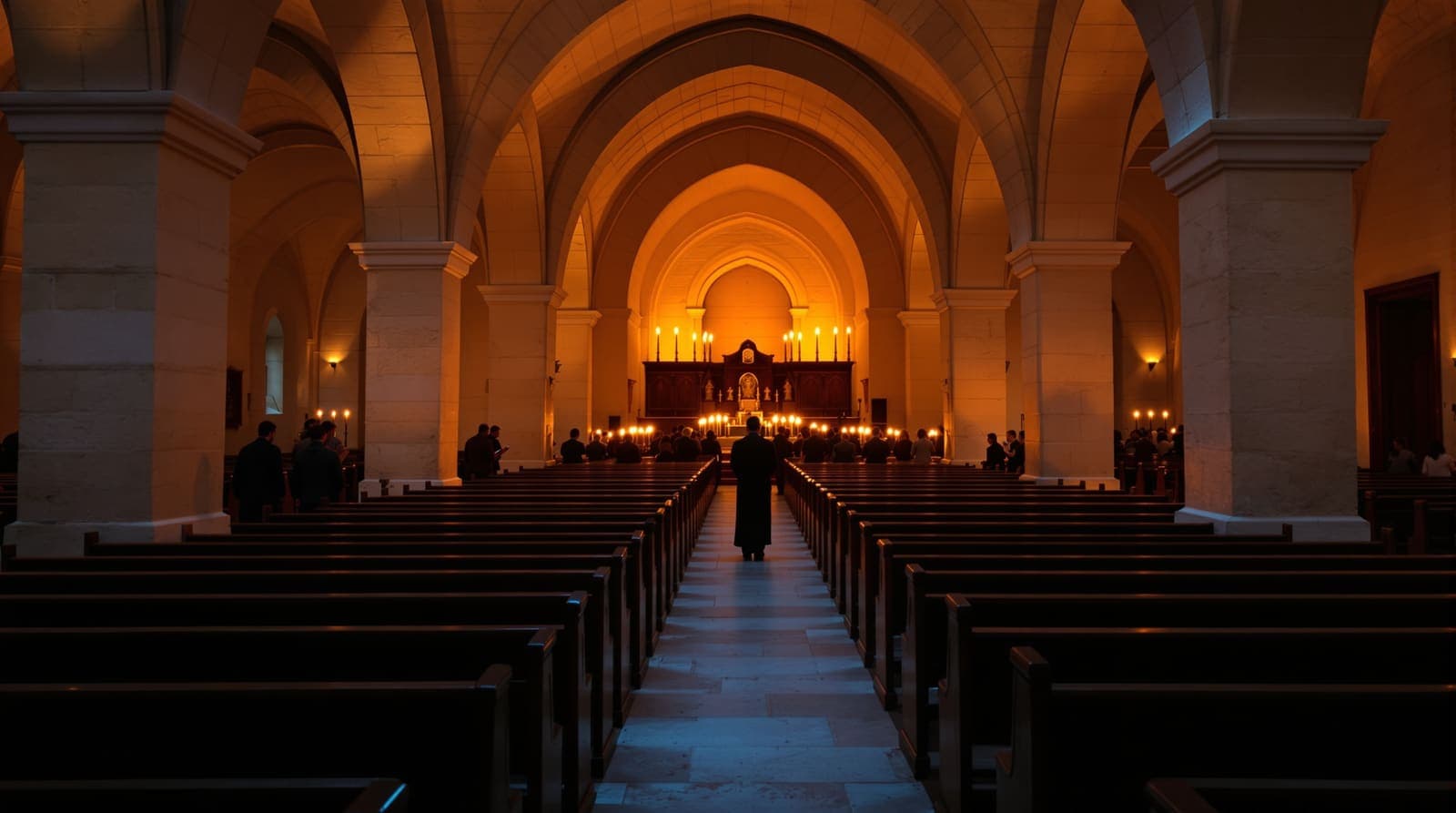 Illustration of an old synagogue at dusk with distant worshippers praying by candlelight, representing the chief rabbis' Purim call for fasting and prayer.