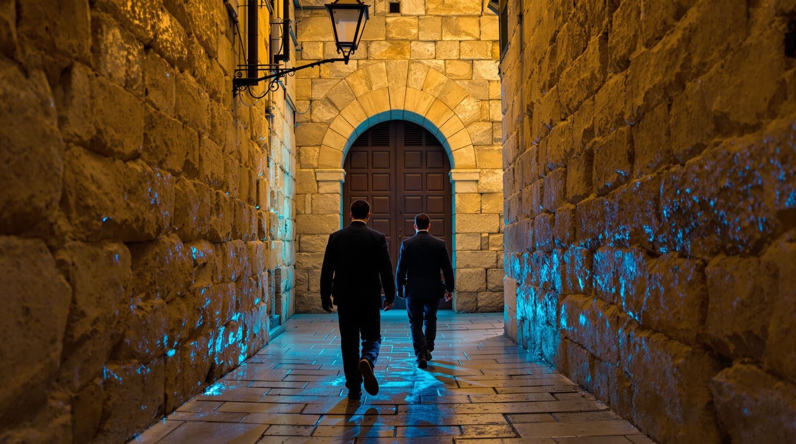 Illustration of two detectives seen from behind approaching an arched doorway in a narrow limestone Jerusalem alley washed by blue emergency light.