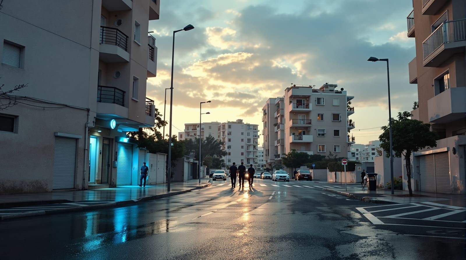 Illustration of a Netanya street at dawn with blue emergency light reflected on wet asphalt and tiny silhouetted figures walking toward a doorway.
