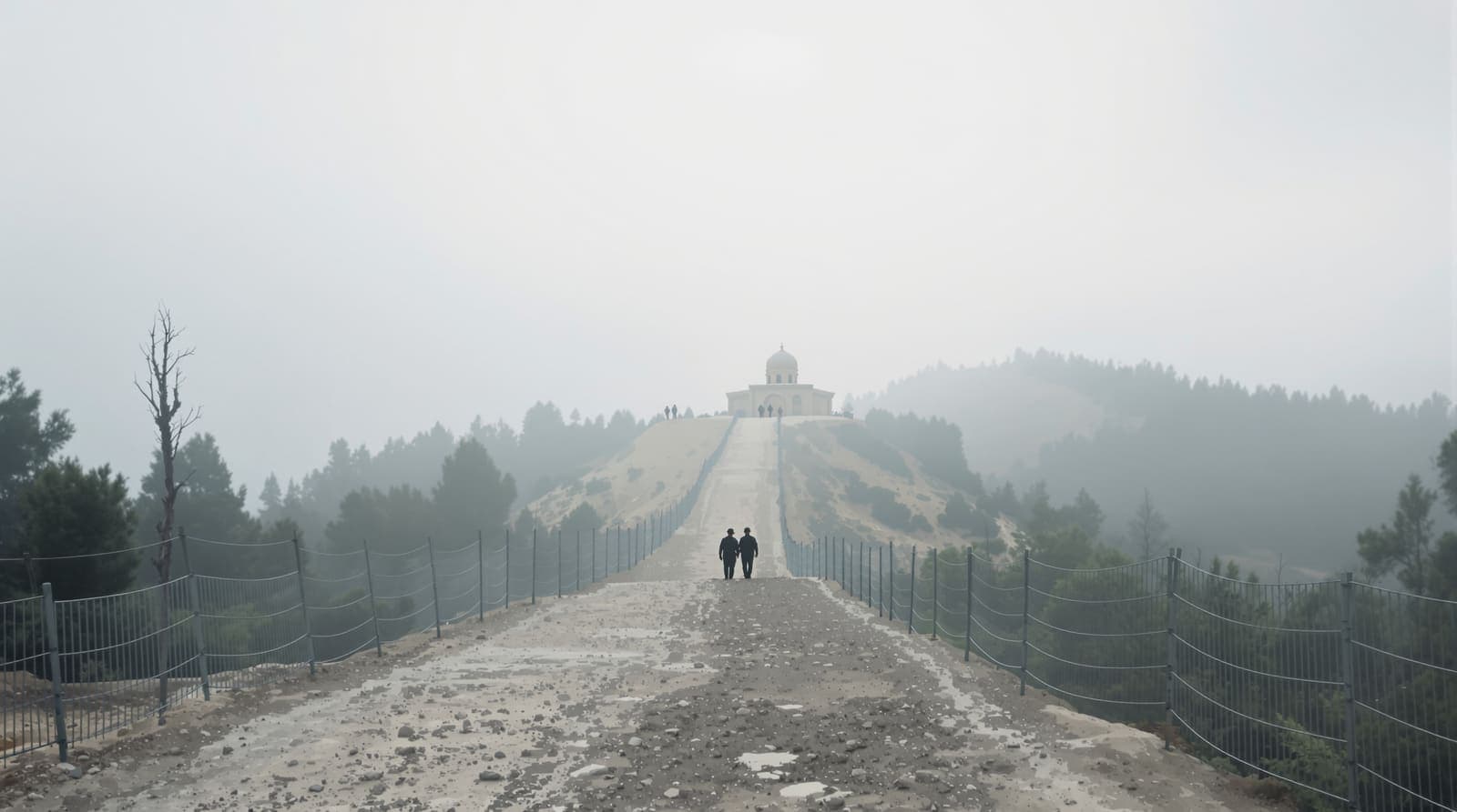 Illustration of an empty barrier-lined dirt footpath on Mount Meron rising toward a distant white-domed stone compound under overcast light.
