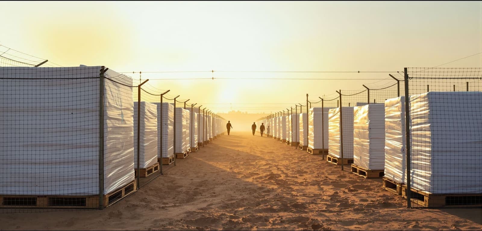 Illustration of white plastic-wrapped pallets behind steel mesh barriers at a fenced desert aid distribution yard at golden hour.