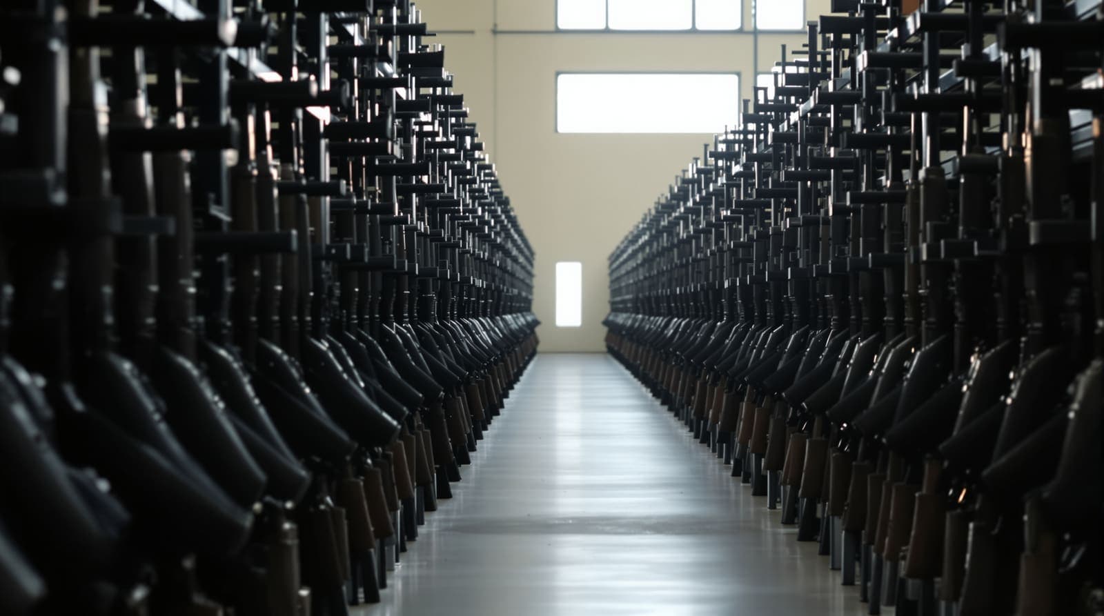 Illustration of racked assault rifles in a military armory with one slot standing empty, evoking the theft of a weapon from an army base.