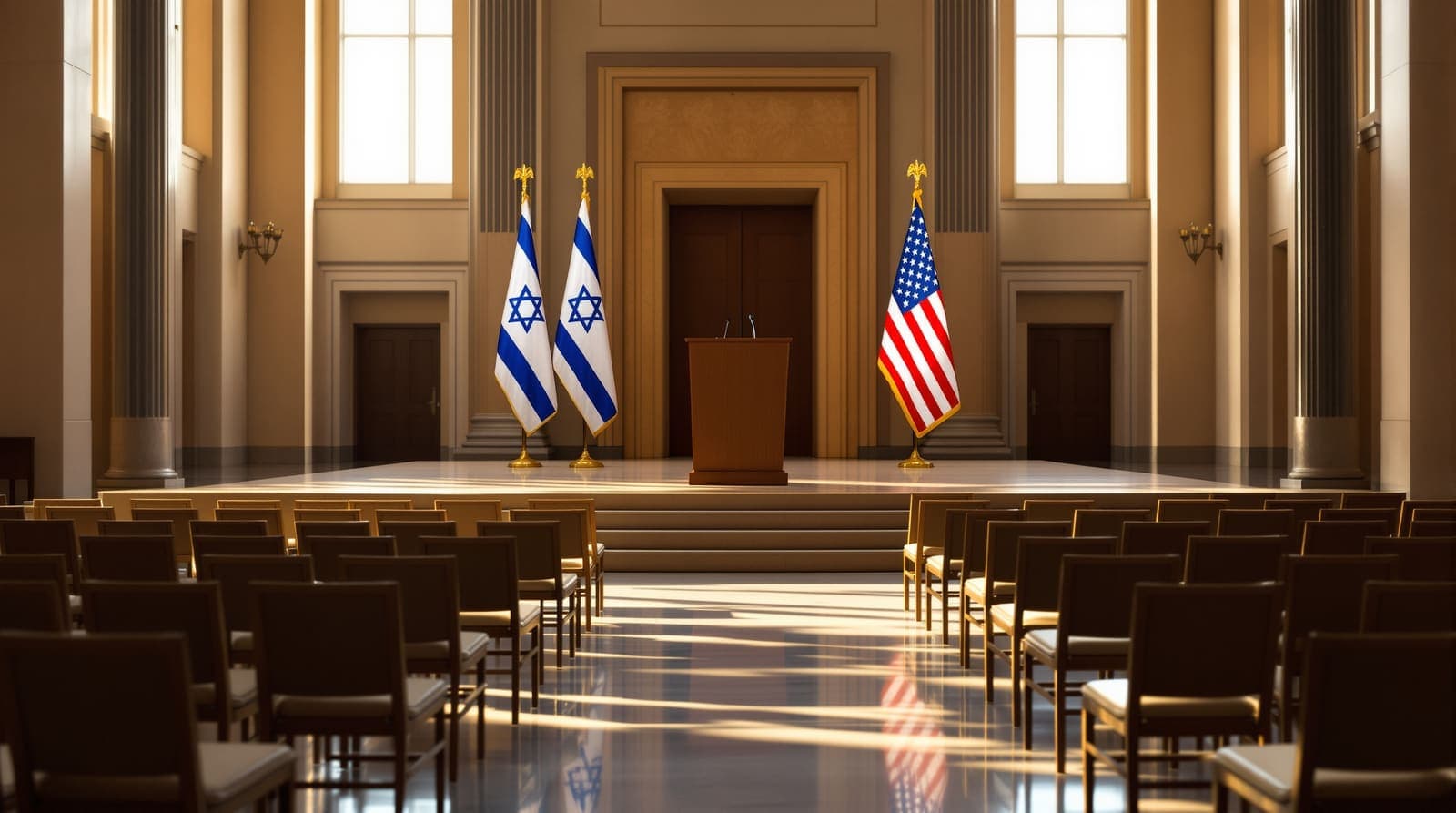 Illustration of an empty government reception hall with a podium flanked by Israeli and American flags.