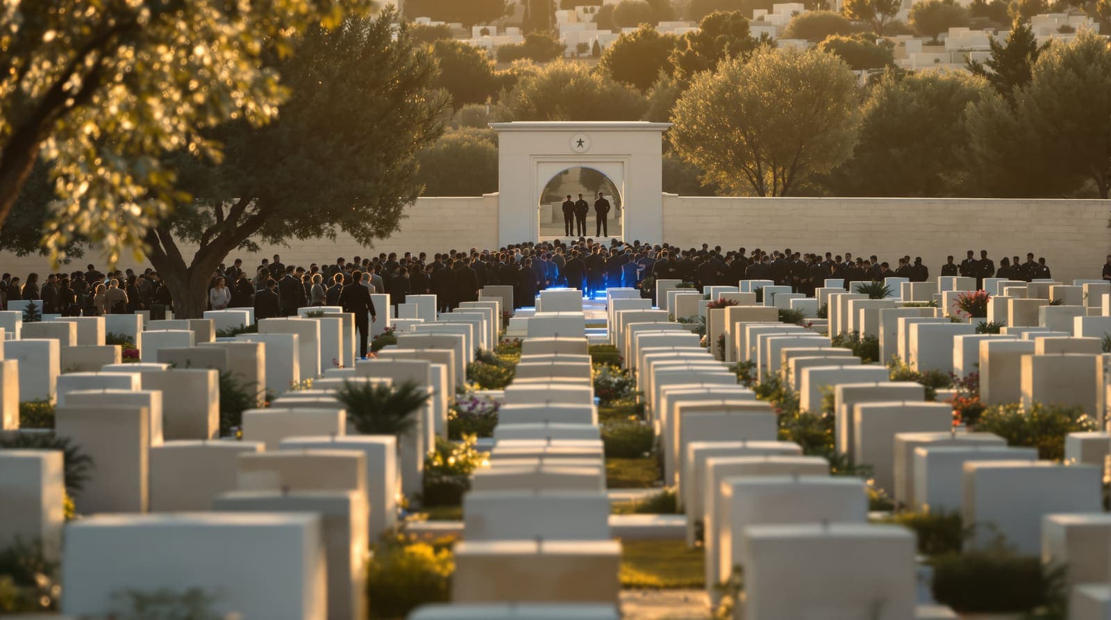 Illustration of mourners gathered among low limestone tombs in a Netanya cemetery, with distant officer silhouettes along the wall in golden light.