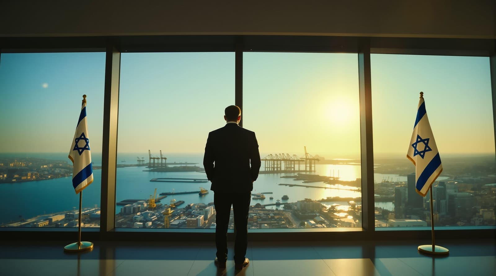 Illustration of a man in a suit seen from behind at a high-rise office window overlooking a coastal city and port at dusk, with an Israeli flag beside him.