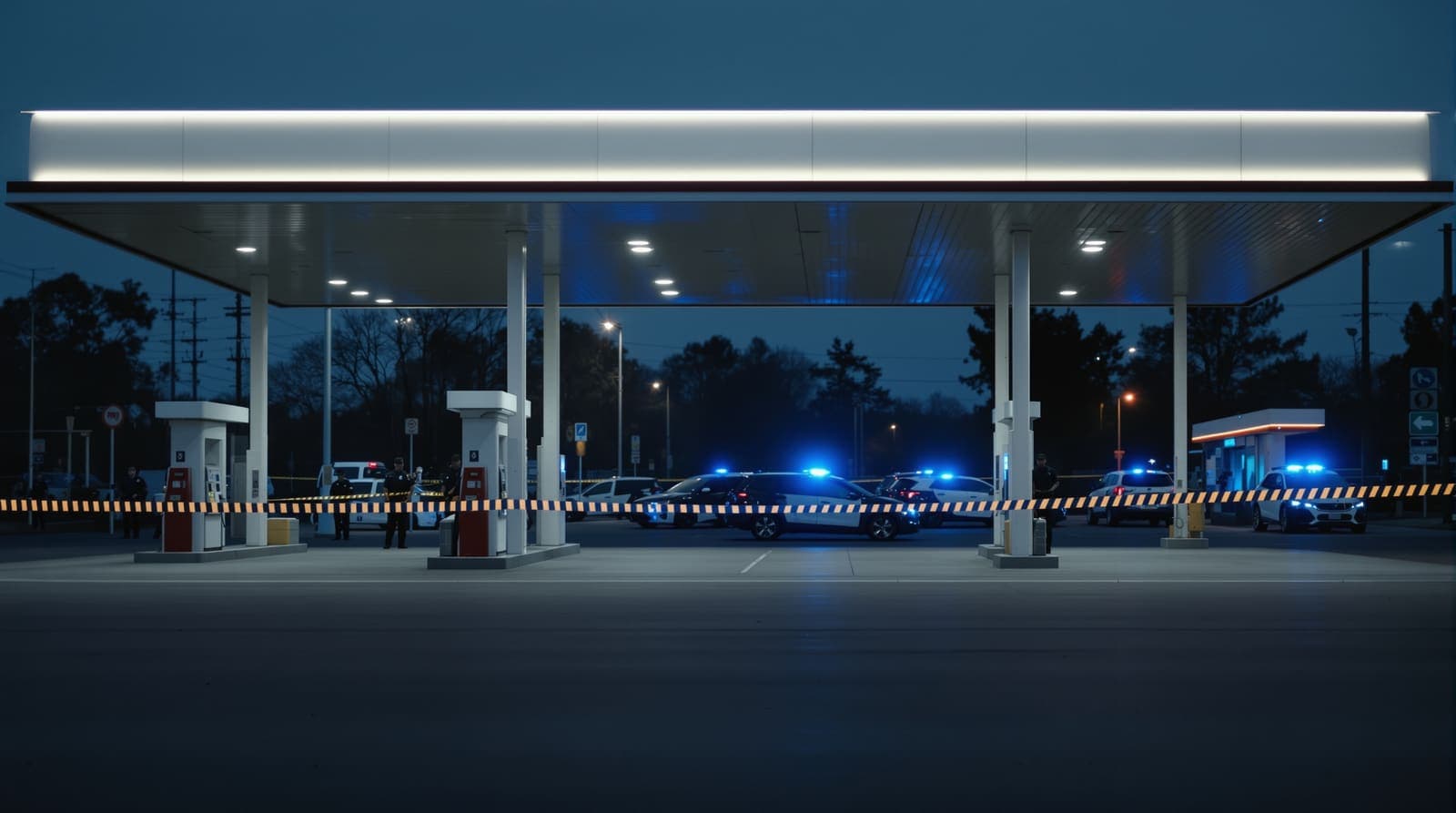 Illustration of a petrol station forecourt at dusk cordoned off with barrier tape, with emergency lights and distant silhouetted police officers.