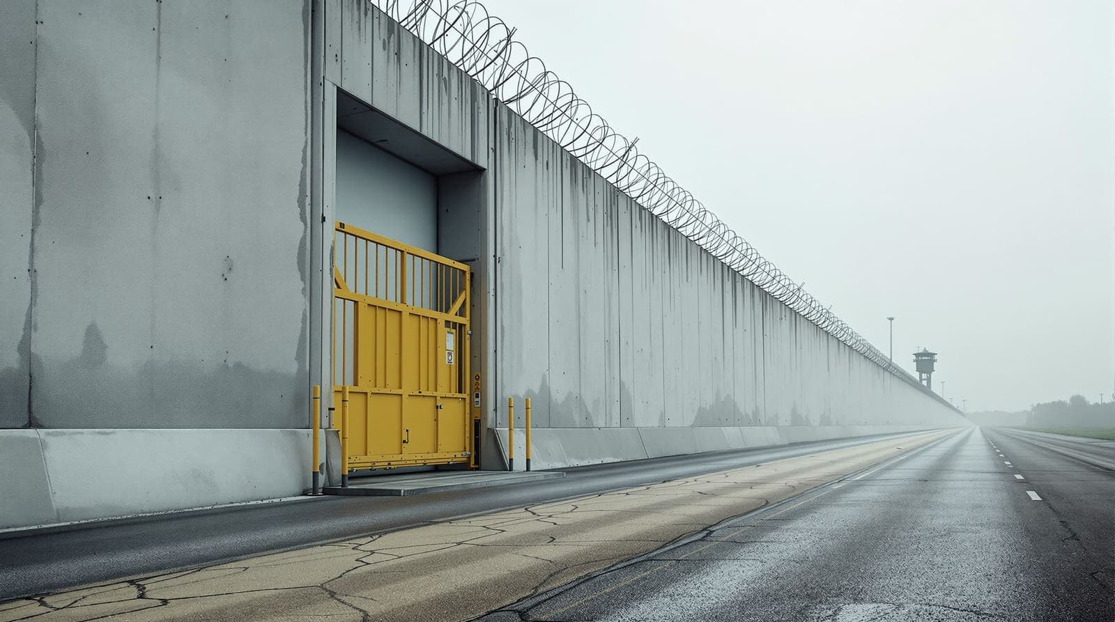 Illustration of a yellow steel gate in a high concrete barrier wall topped with razor wire, with a guard tower silhouetted beyond.