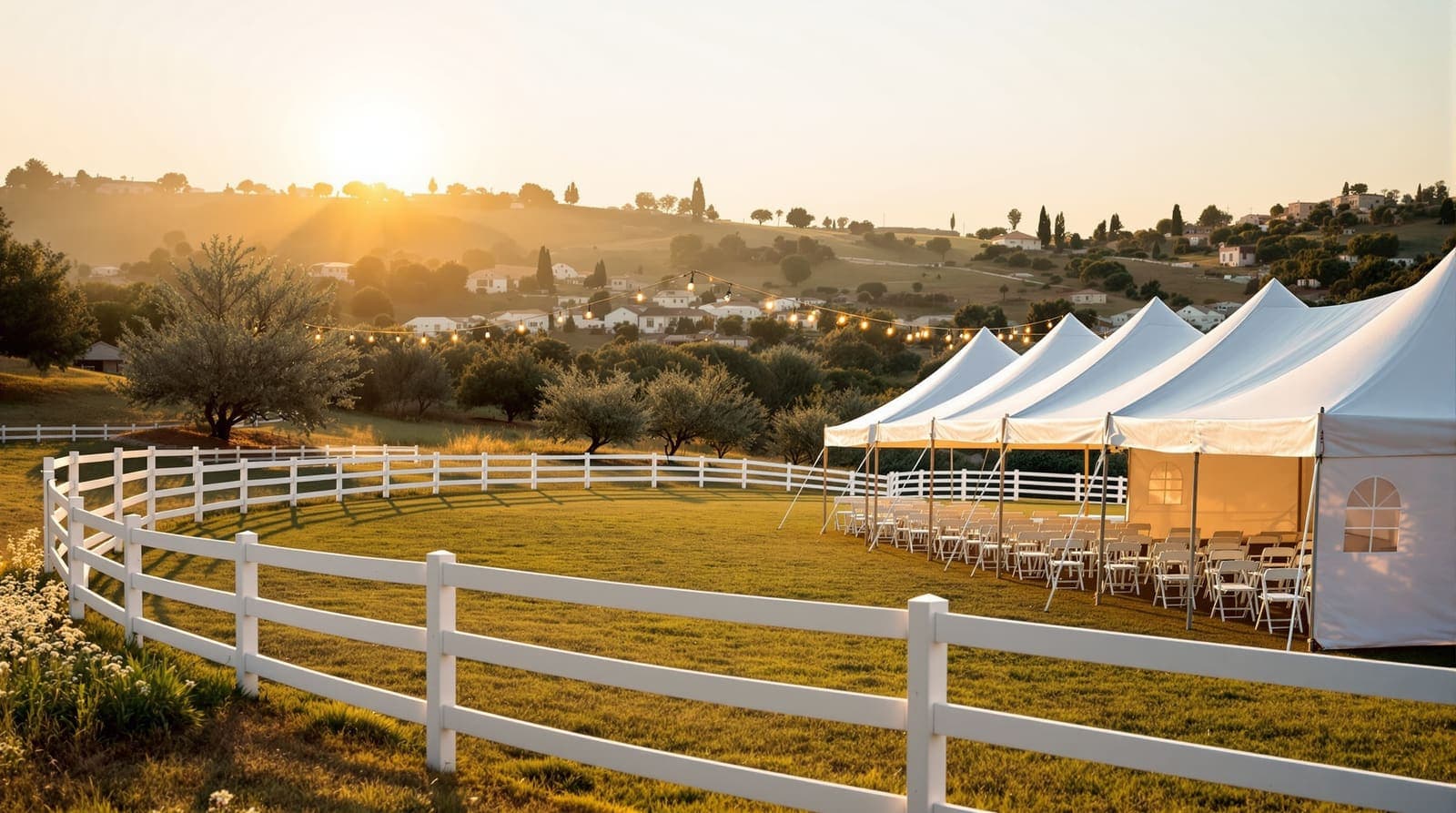 Illustration of new timber fencing, plain white canopy tents and strings of festival lights on a hillside gathering ground at golden hour.