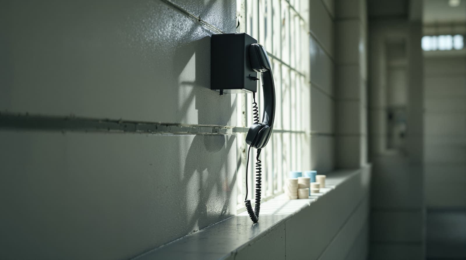 Illustration of a telephone receiver dangling on its armoured cord beside stacks of casino chips in a barred-window prison corridor.