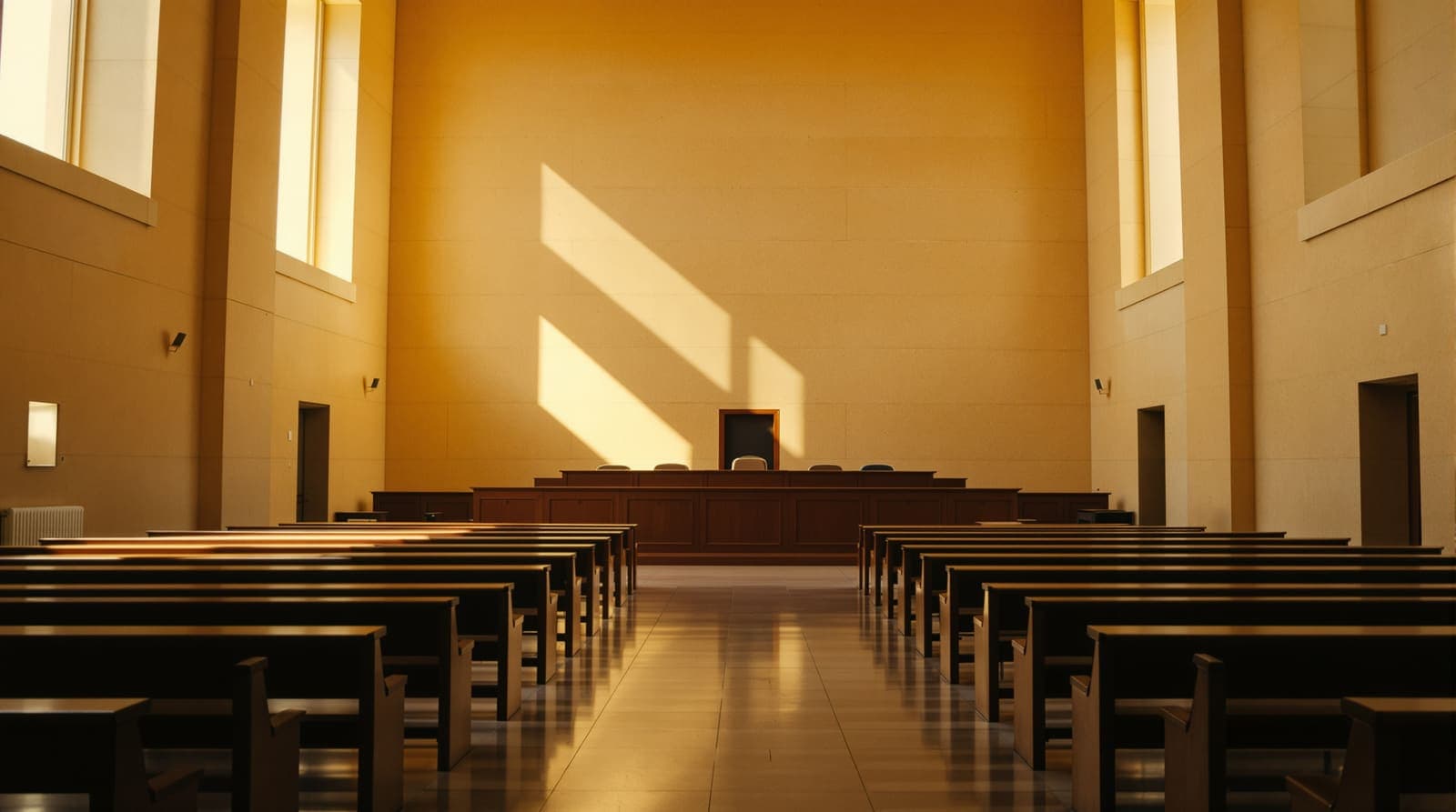 Illustration of an empty courtroom with wooden benches and a judge's bench lit by warm window light, evoking the Jerusalem murder case reaching prosecution.