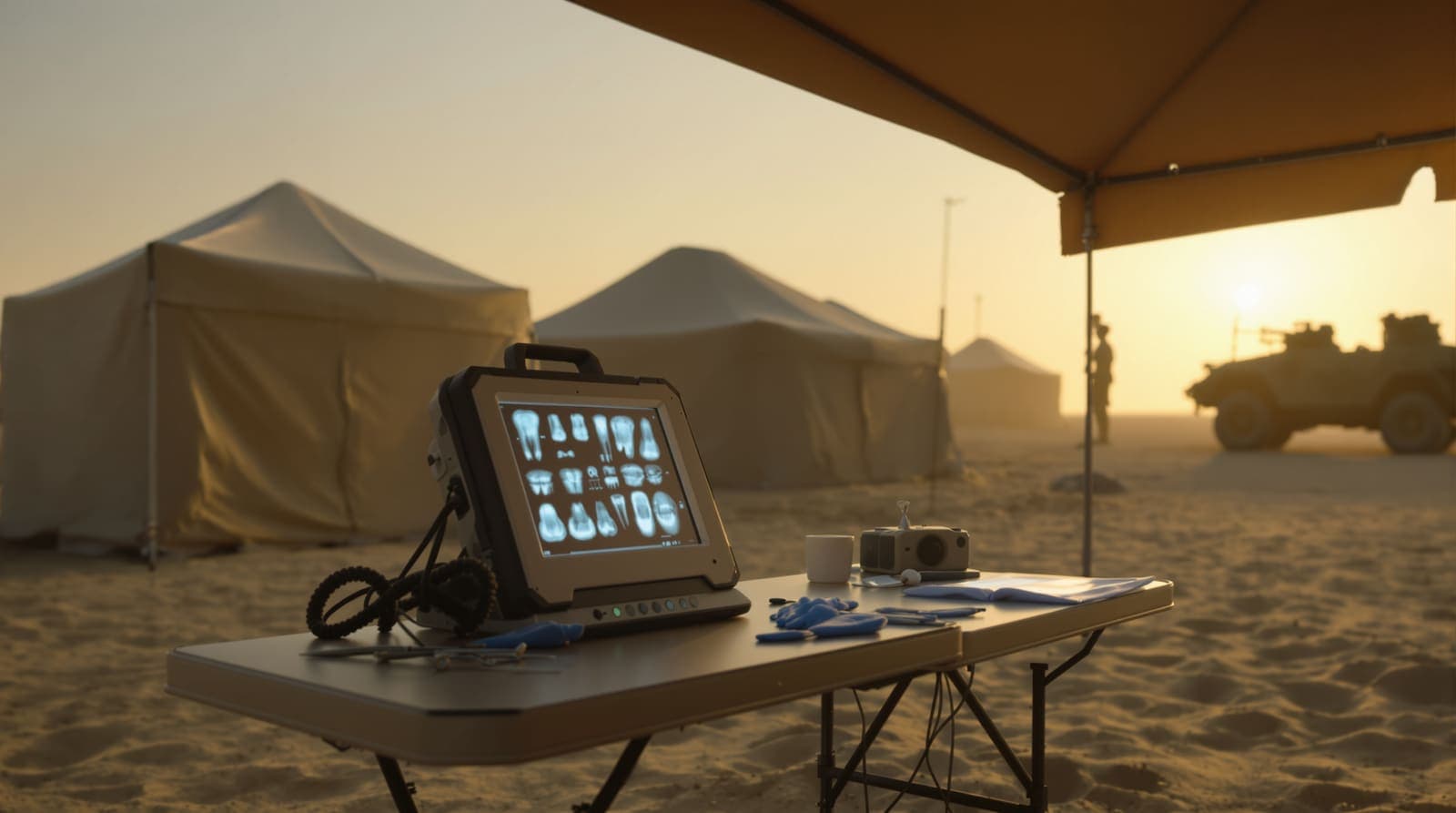 Illustration of dental X-ray films glowing on a lightbox at a military field station in sandy terrain at dawn.